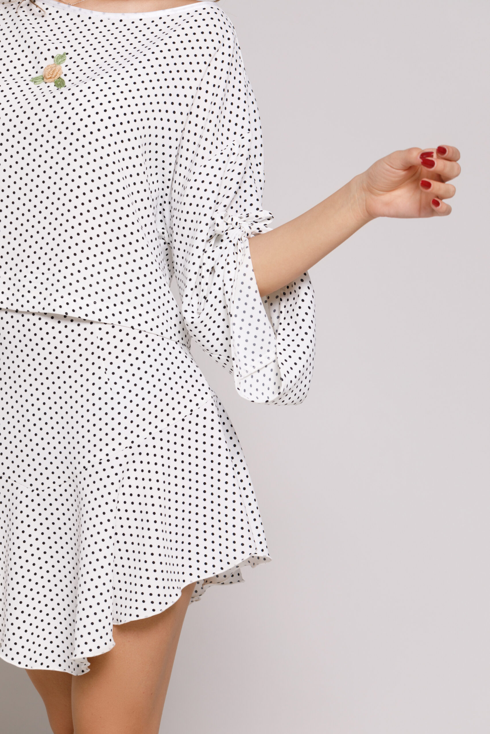 AMARA casual white viscose blouse with black dots. Natural fabrics, original design, handmade embroidery