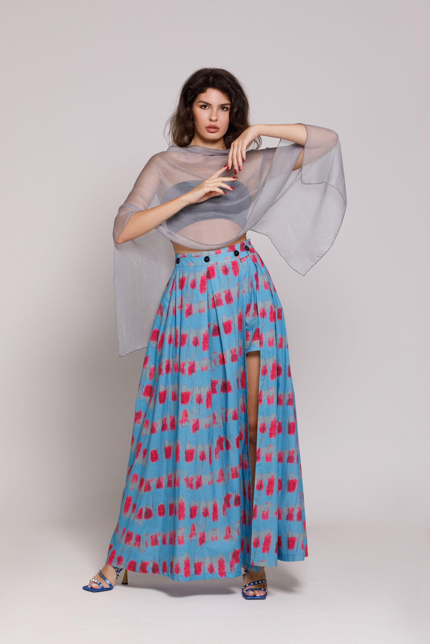 AMENA casual skirt with printed poplin shorts. Natural fabrics, original design, handmade embroidery