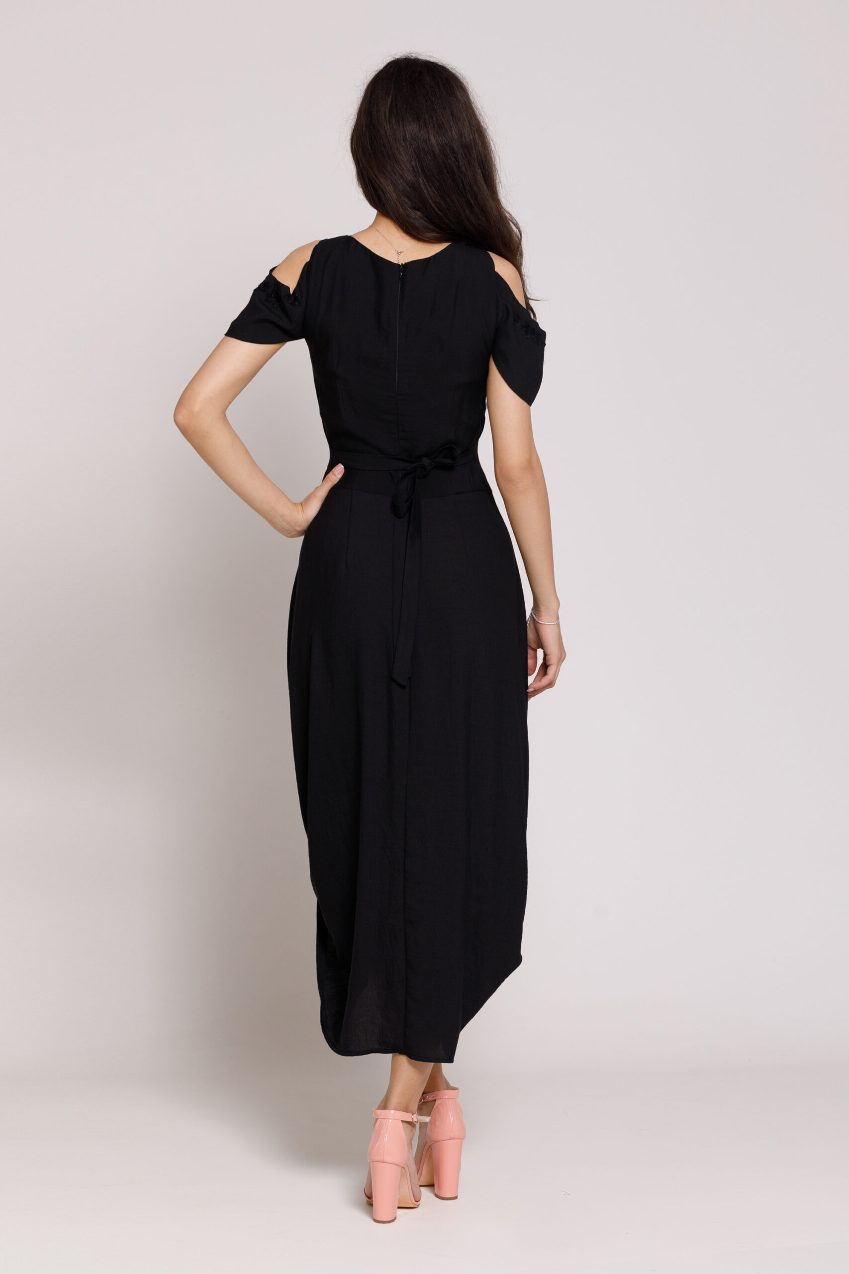 ADALIA Elegant dress in black viscose. Natural fabrics, original design, handmade embroidery