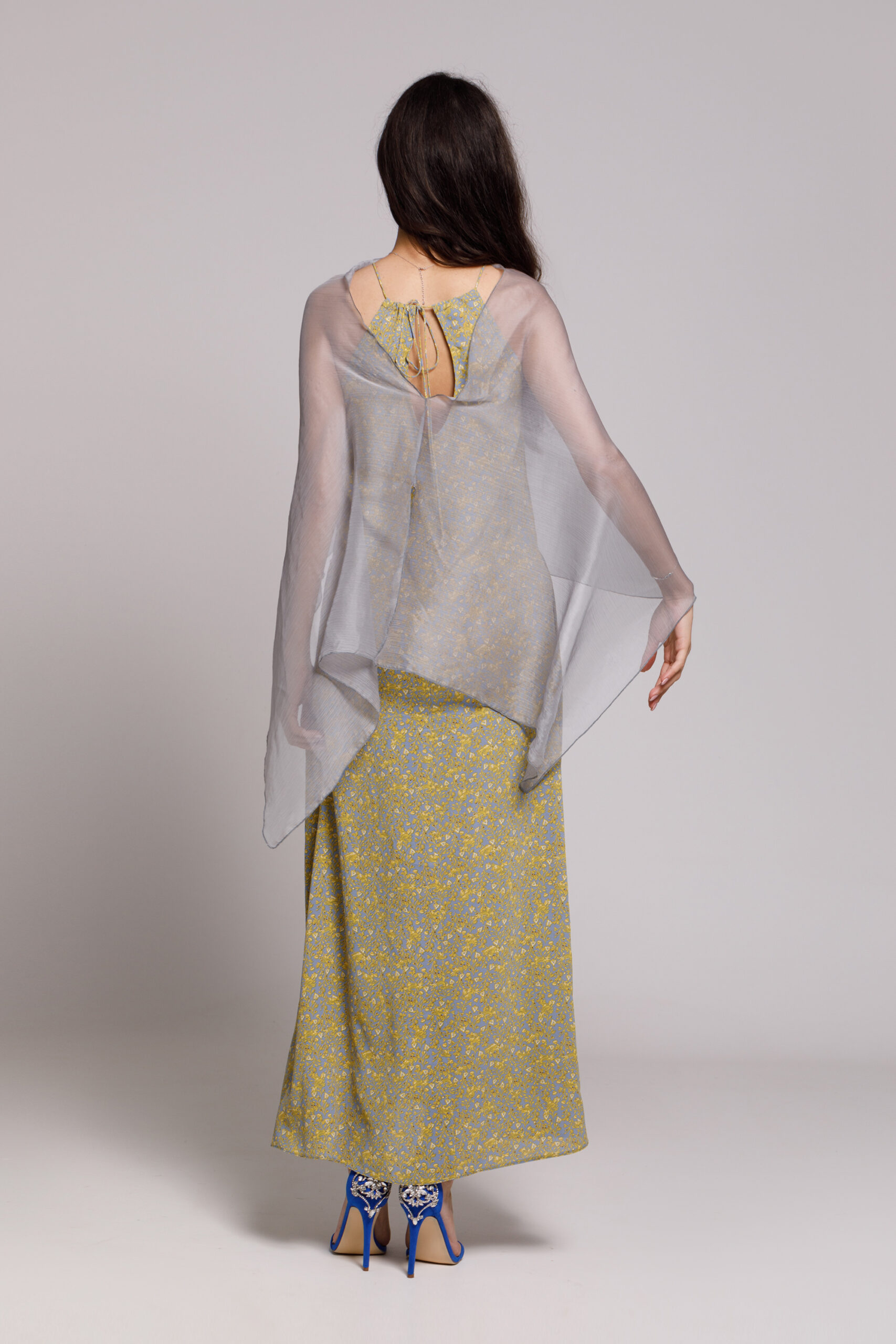 DARIA casual viscose dress with a gray veil. Natural fabrics, original design, handmade embroidery