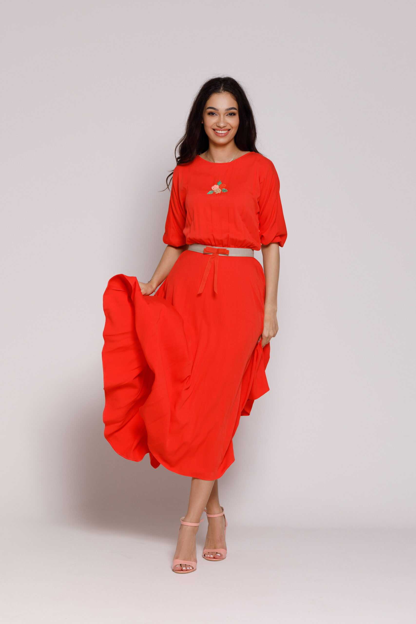 ELKA casual red viscose dress. Natural fabrics, original design, handmade embroidery