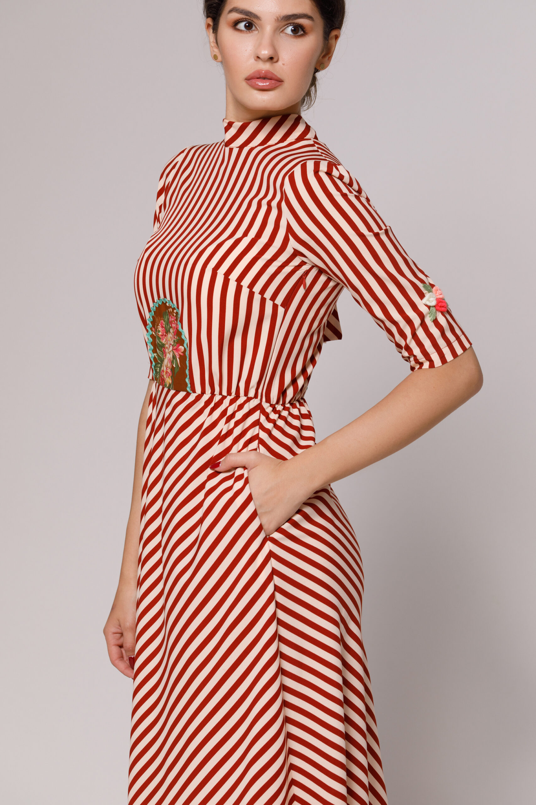 LORENE elegant striped viscose dress. Natural fabrics, original design, handmade embroidery