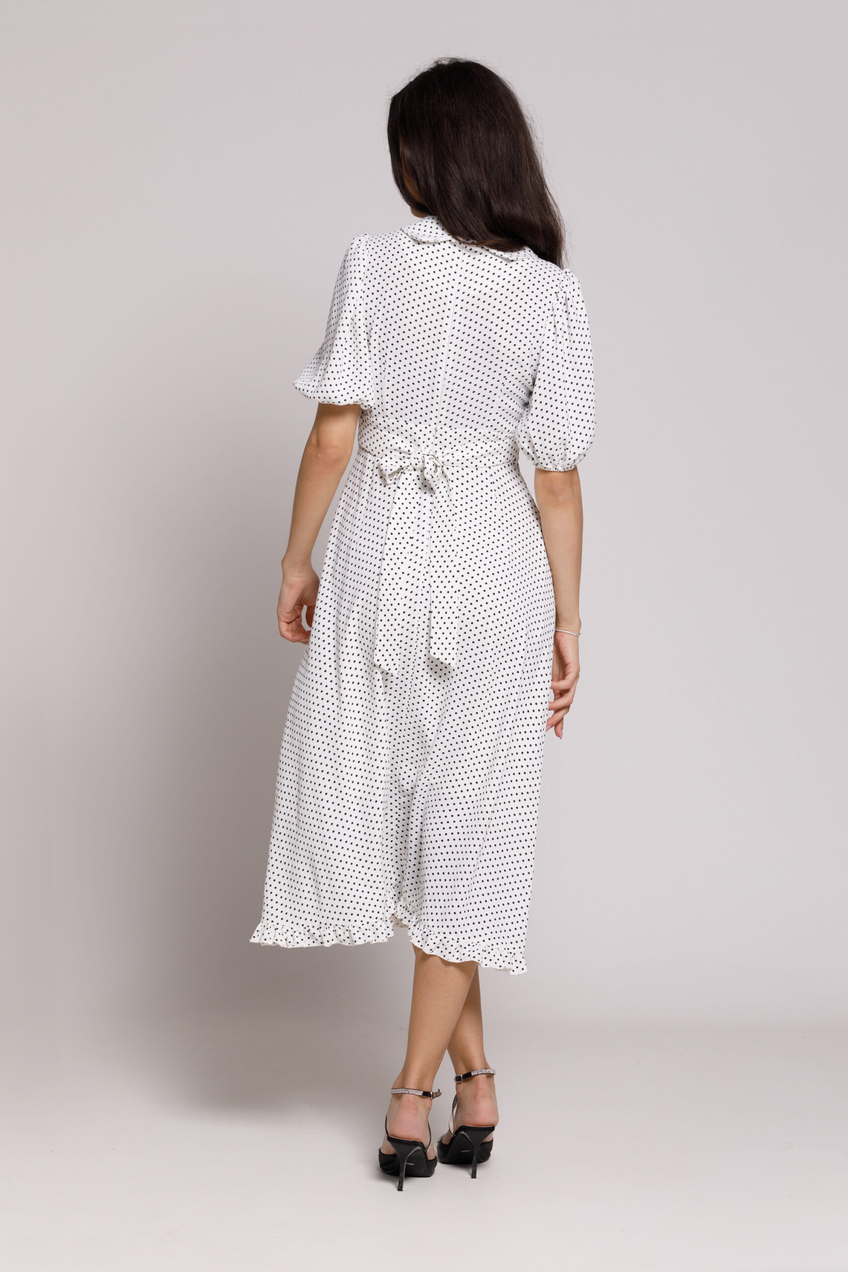 NOLA casual white viscose dress with black dots. Natural fabrics, original design, handmade embroidery