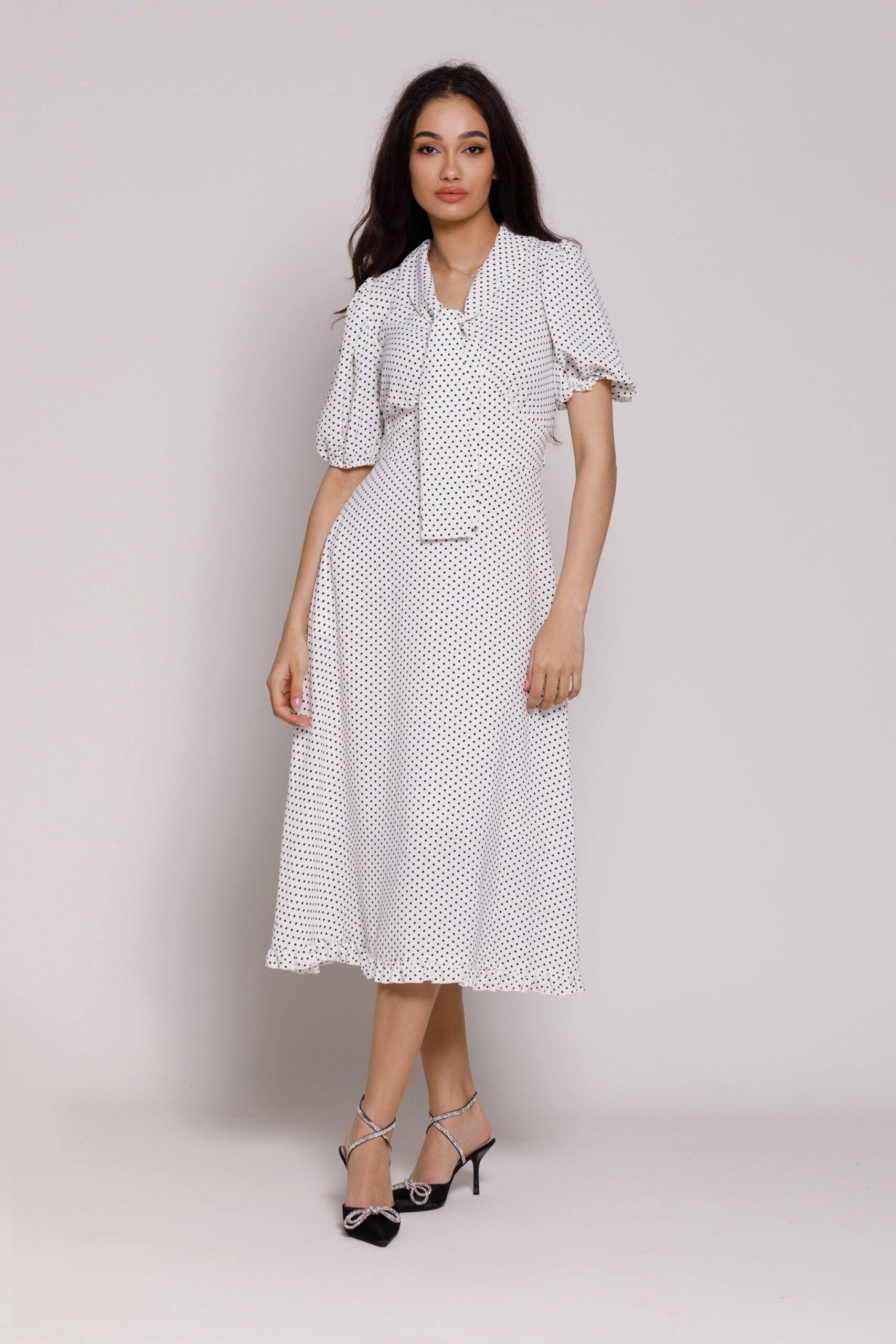 NOLA casual white viscose dress with black dots. Natural fabrics, original design, handmade embroidery