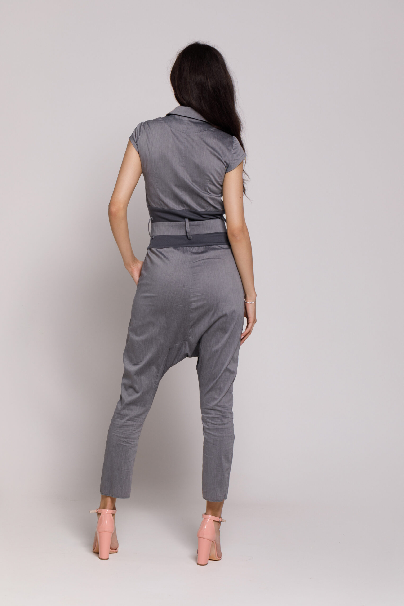 ALIS casual jumpsuit in poplin and gray jersey. Natural fabrics, original design, handmade embroidery