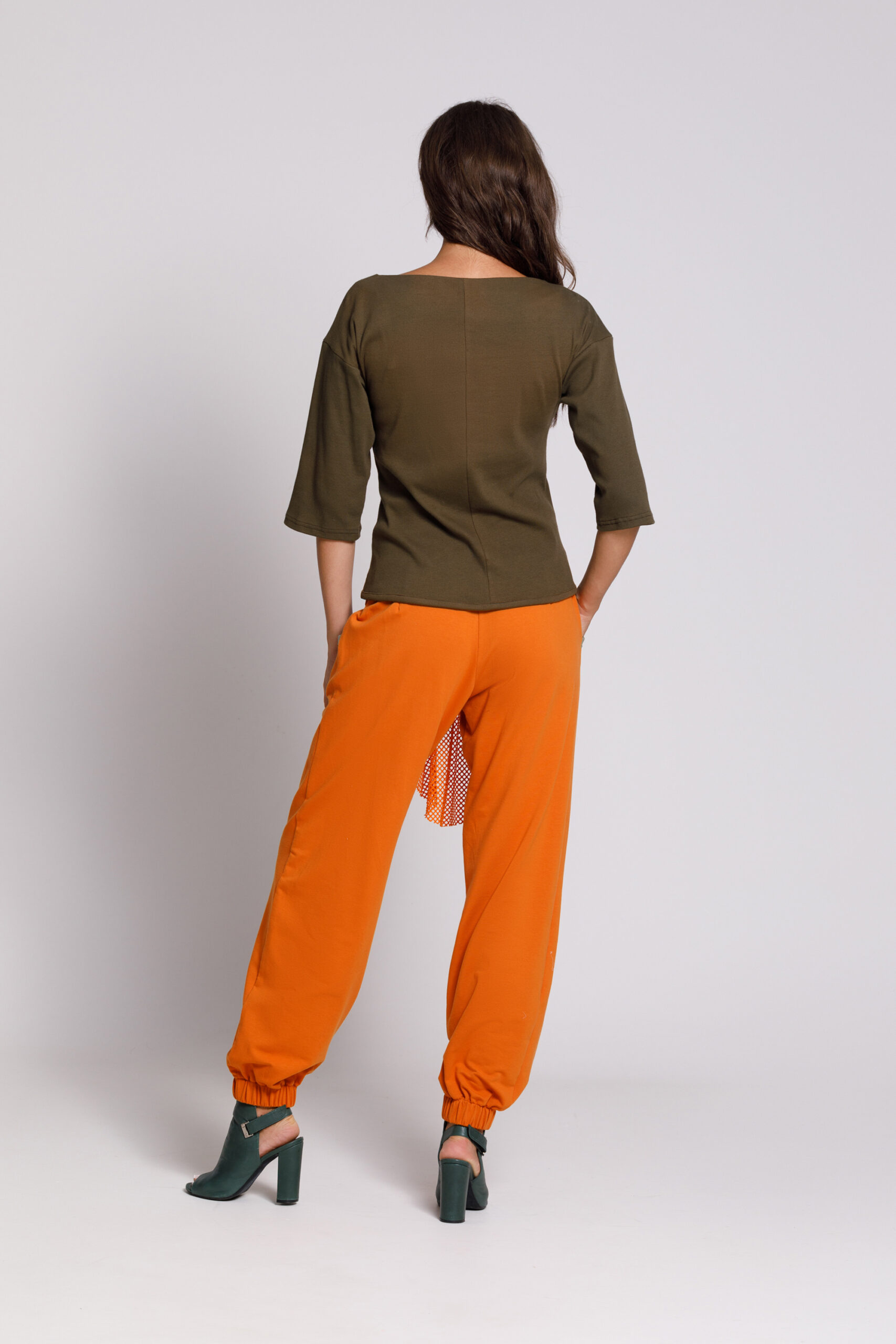OLARIS orange plush pants with mesh lining. Natural fabrics, original design, handmade embroidery