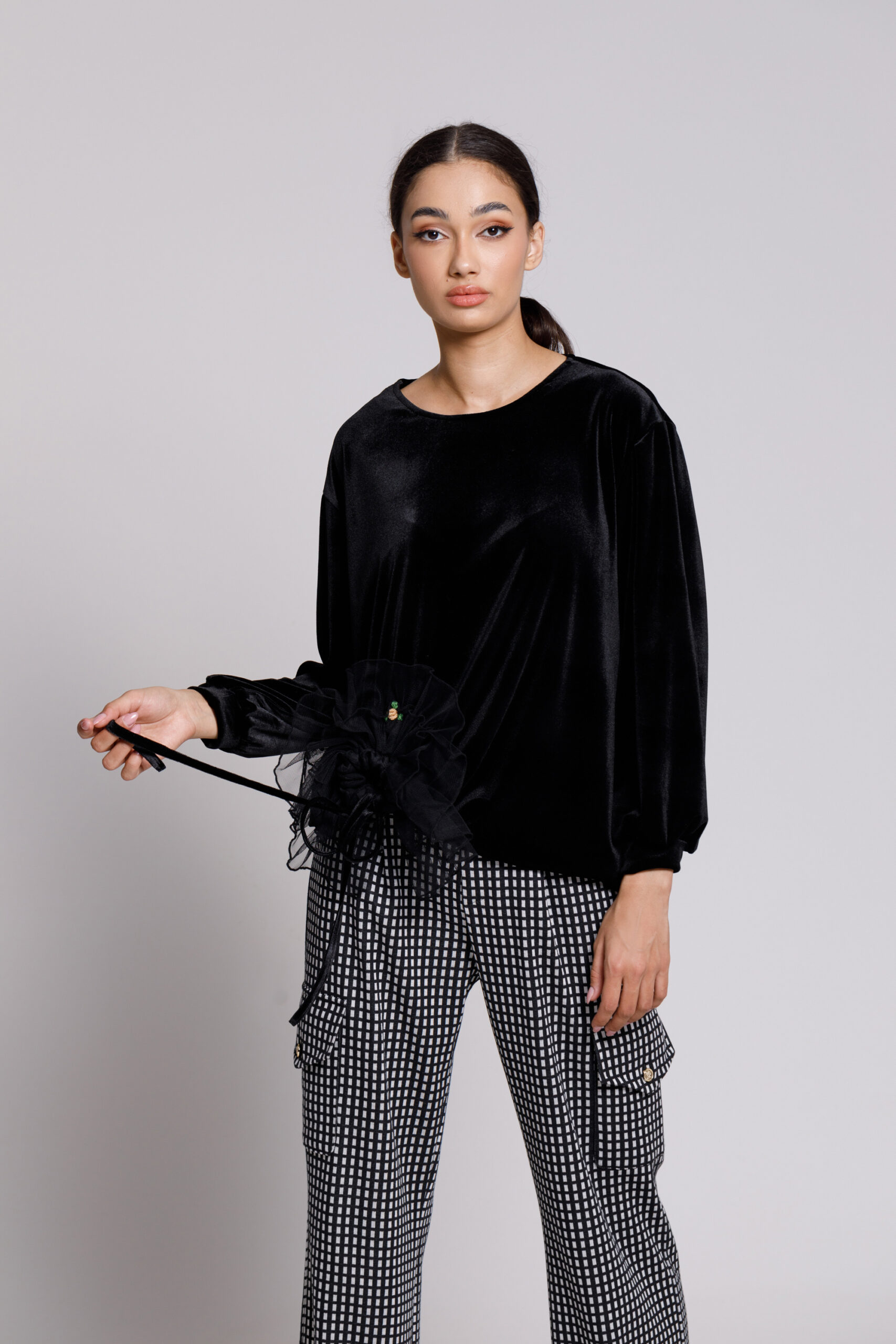 EVE casual black velvet blouse. Natural fabrics, original design, handmade embroidery