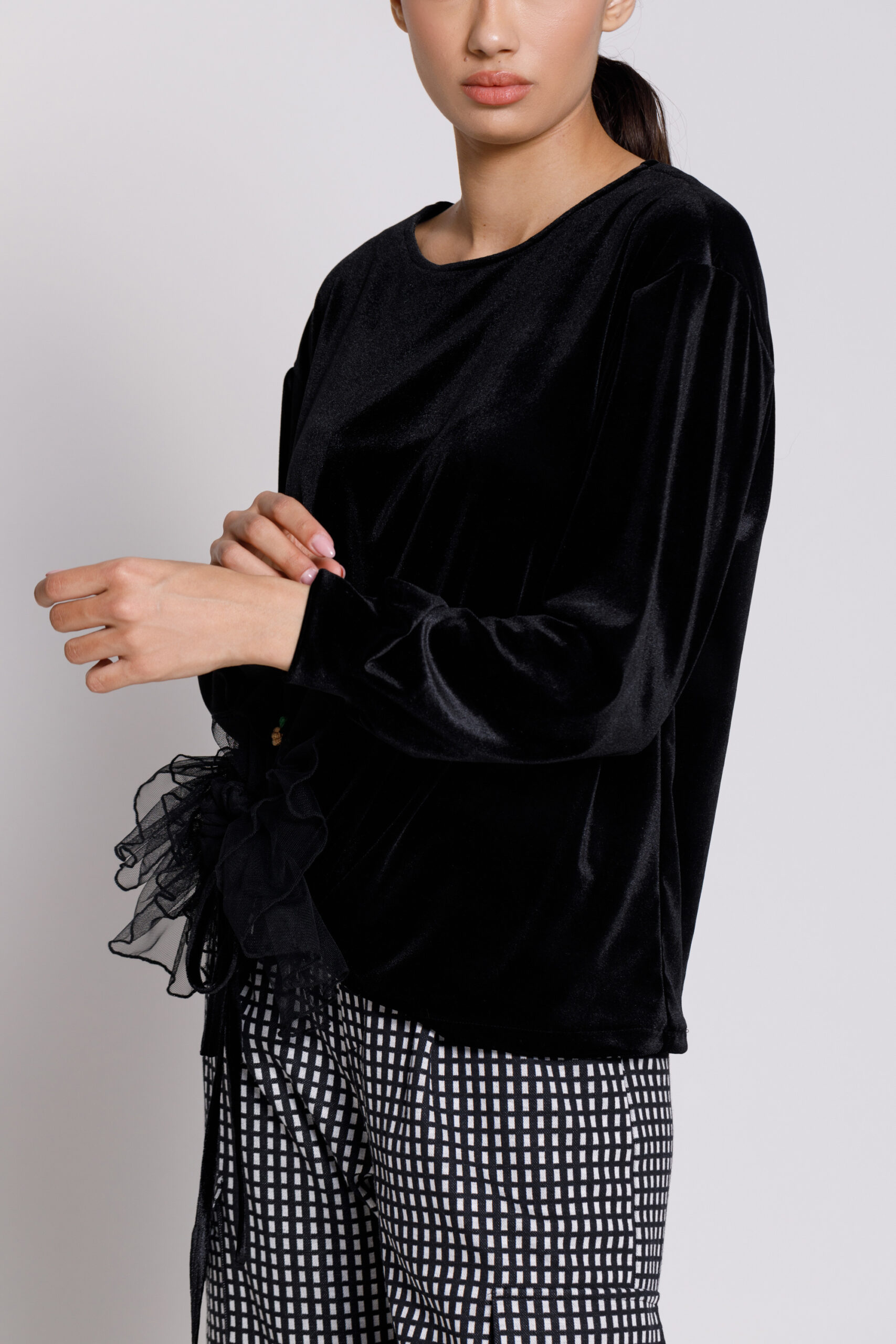 EVE casual black velvet blouse. Natural fabrics, original design, handmade embroidery