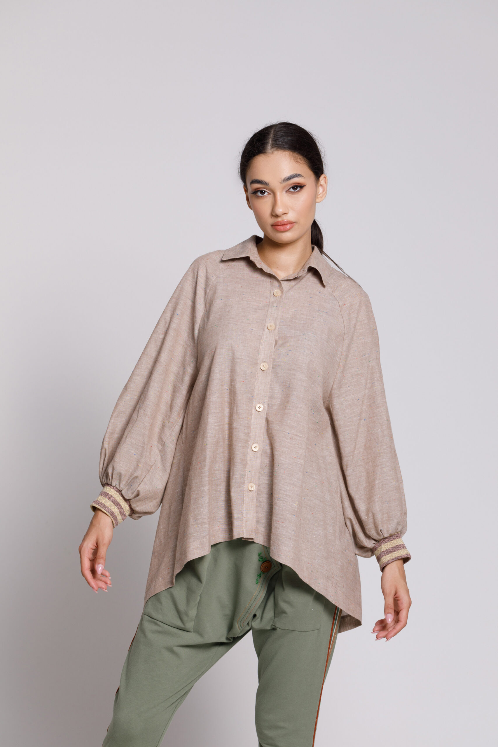 MARINA Versatile shirt in cream with floral embroidery. Natural fabrics, original design, handmade embroidery