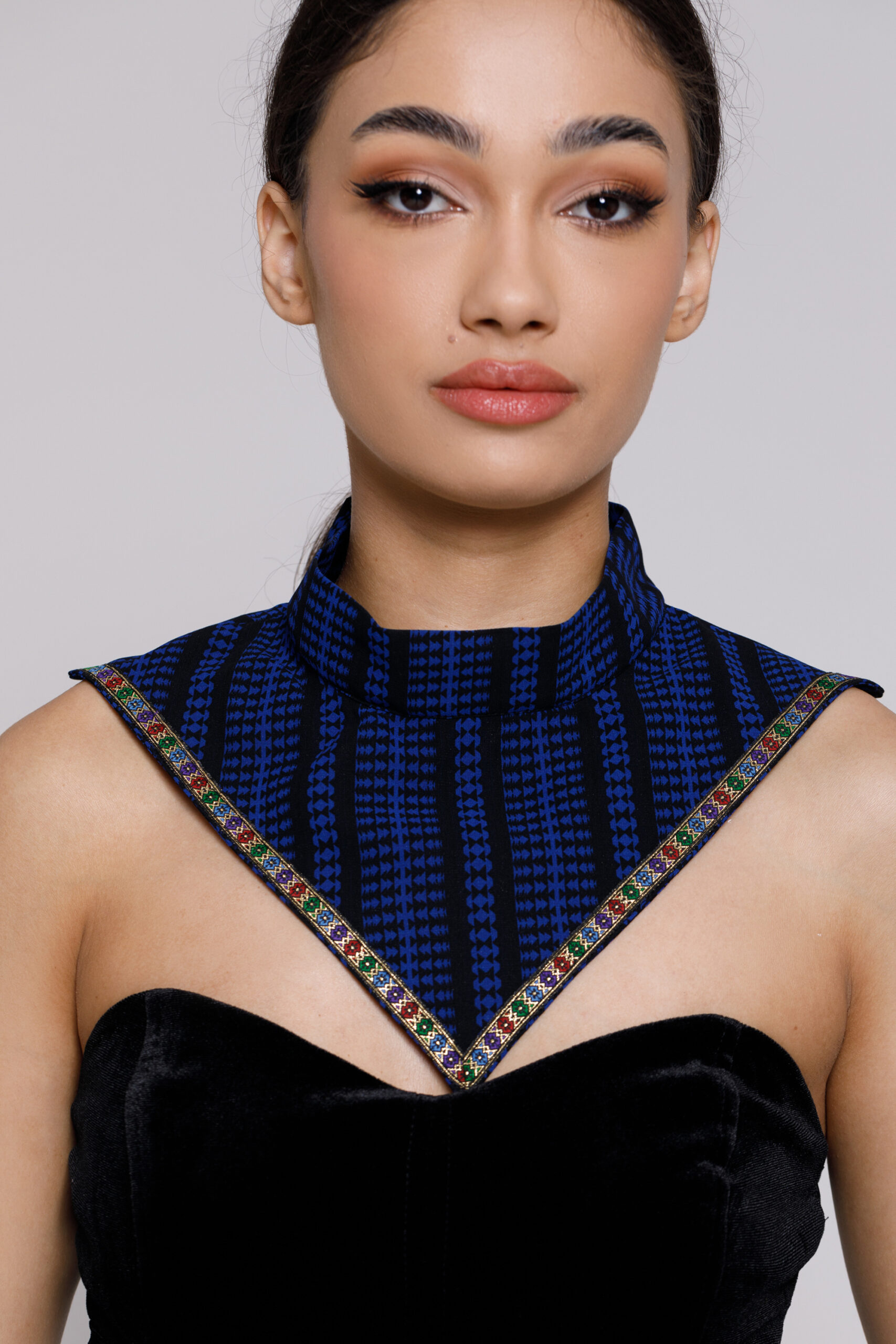Blue silk collar with black stripes. Natural fabrics, original design, handmade embroidery