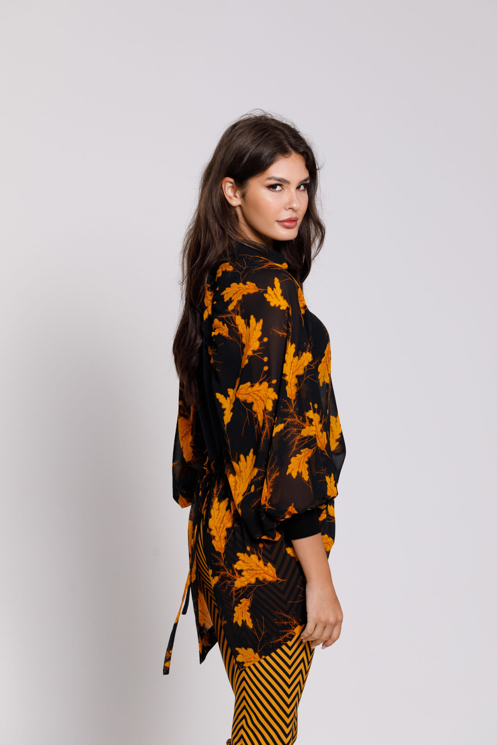 MARINA casual black veil shirt with yellow leaves. Natural fabrics, original design, handmade embroidery