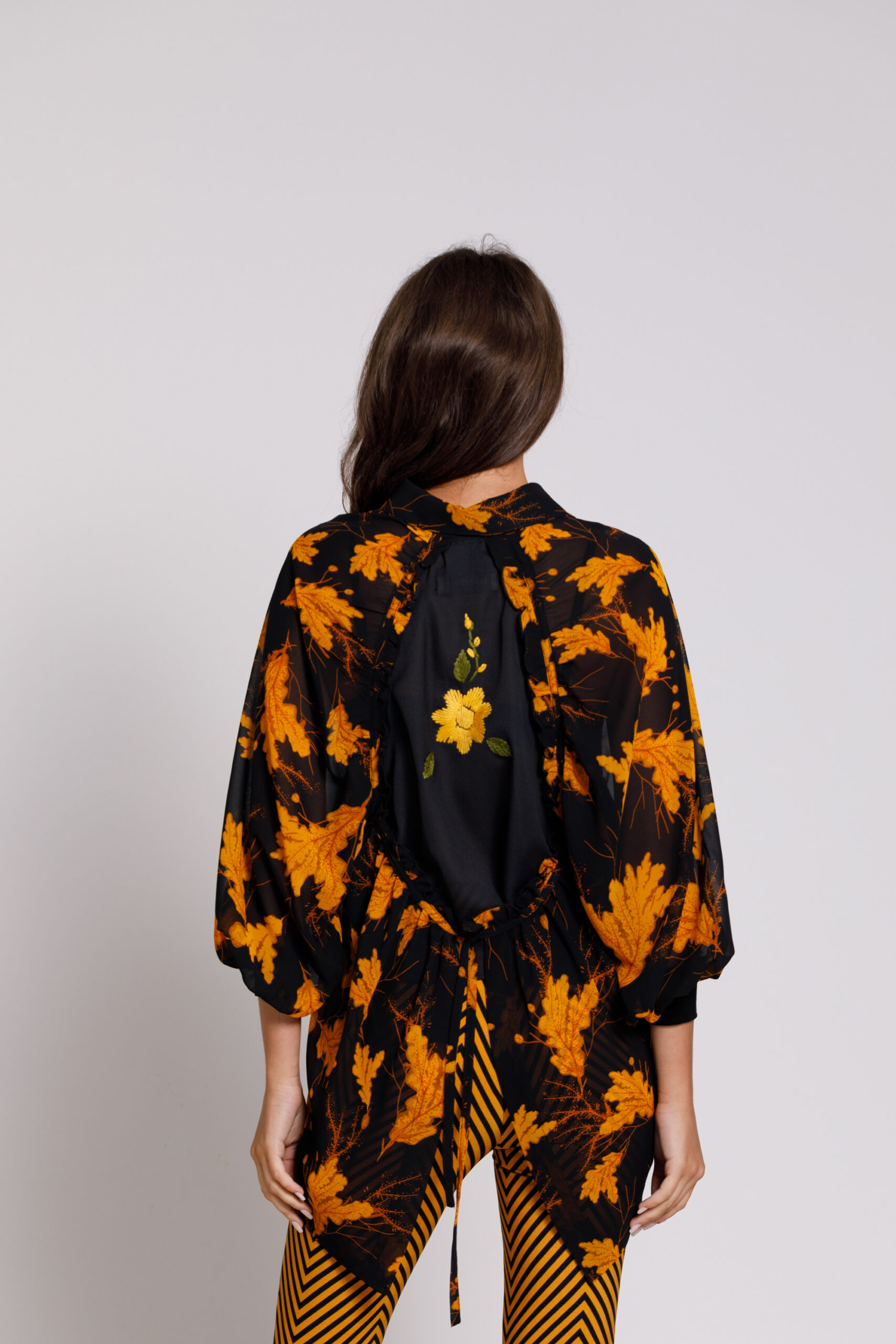 MARINA casual black veil shirt with yellow leaves. Natural fabrics, original design, handmade embroidery