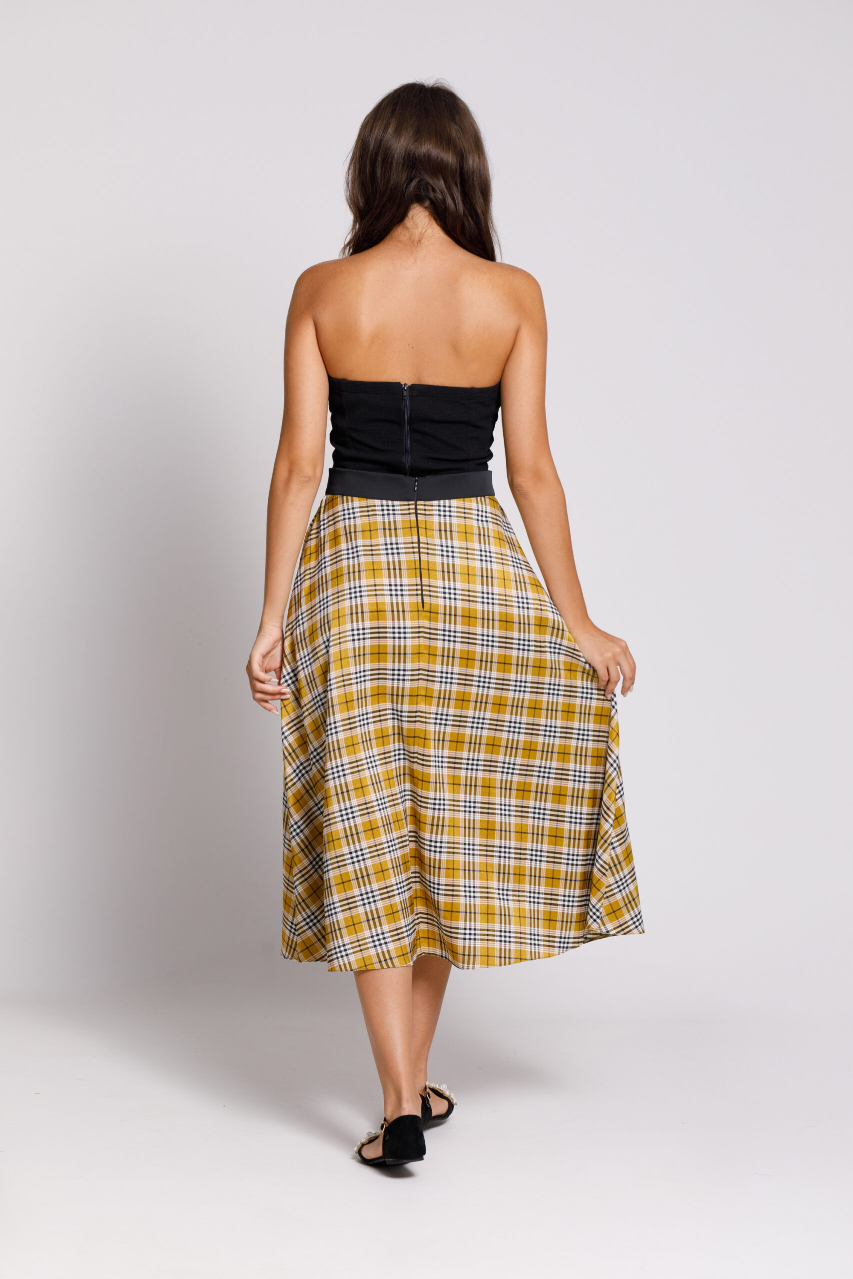 ABENA casual viscose skirt with yellow checks. Natural fabrics, original design, handmade embroidery