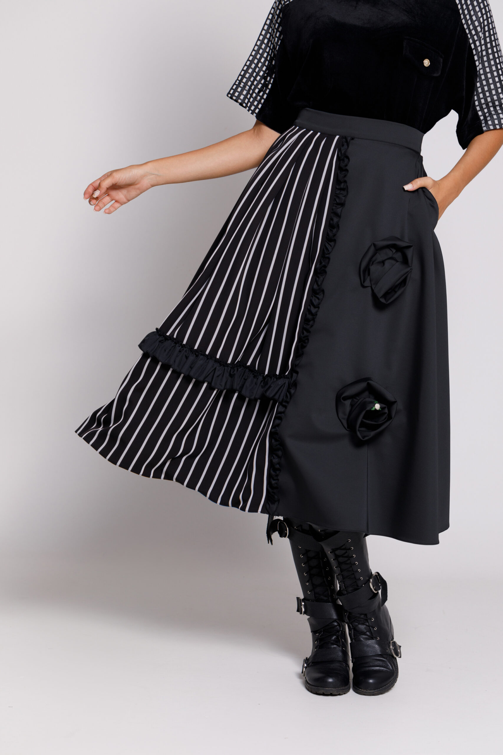 MIST casual black skirt with stripes and volumetric flowers. Natural fabrics, original design, handmade embroidery
