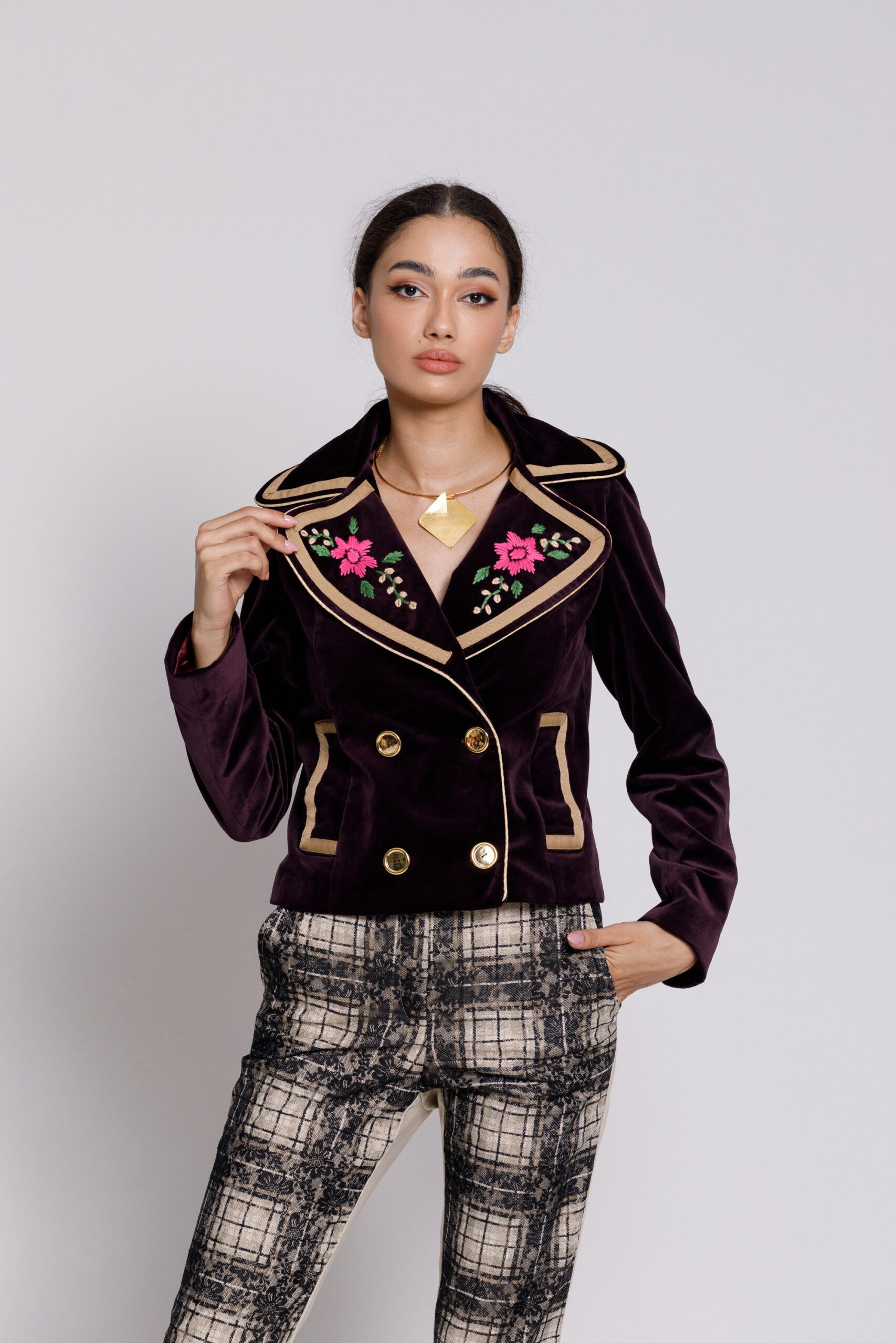 DAVINA Elegant jacket in purple velvet with embroidery. Natural fabrics, original design, handmade embroidery