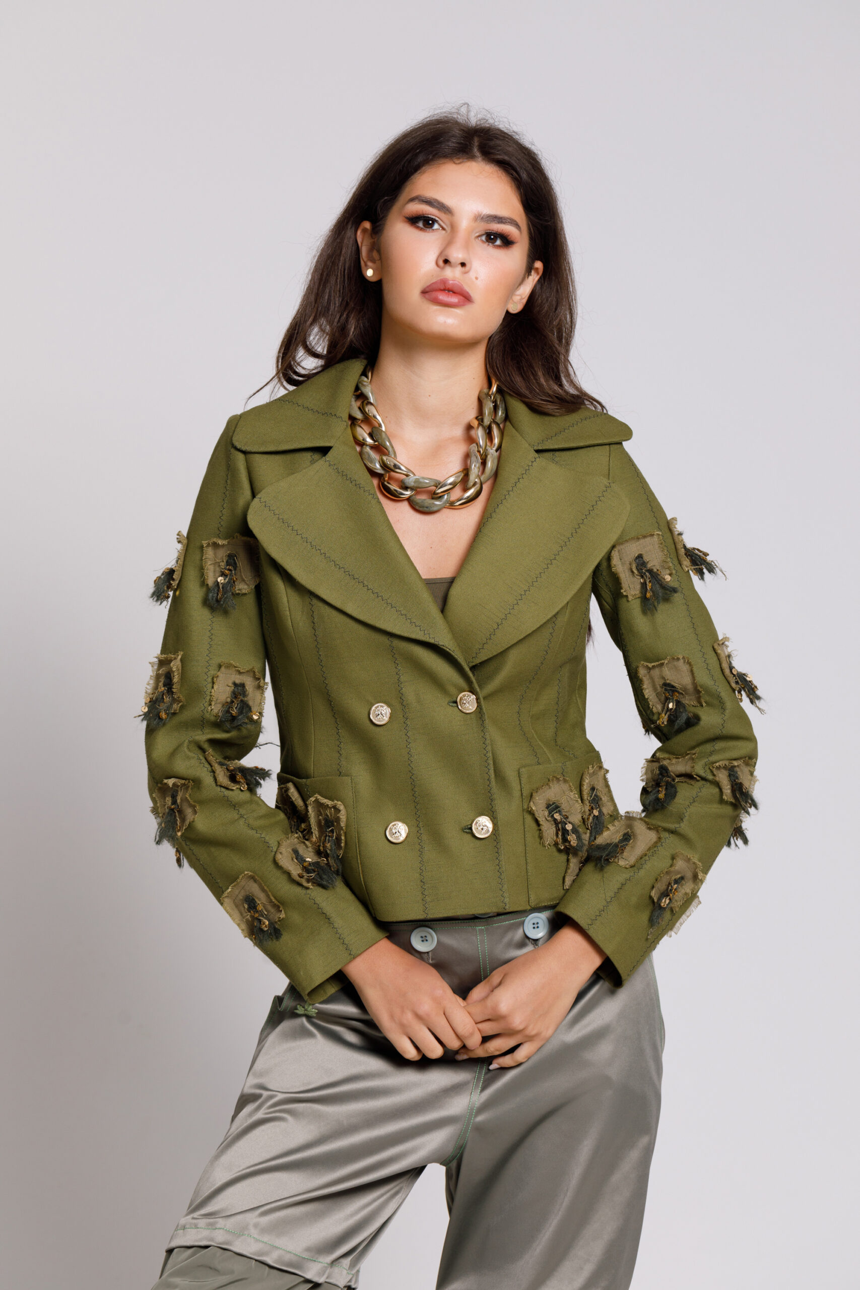 DORA Elegant green jacket from dock with linen applications and sequins. Natural fabrics, original design, handmade embroidery