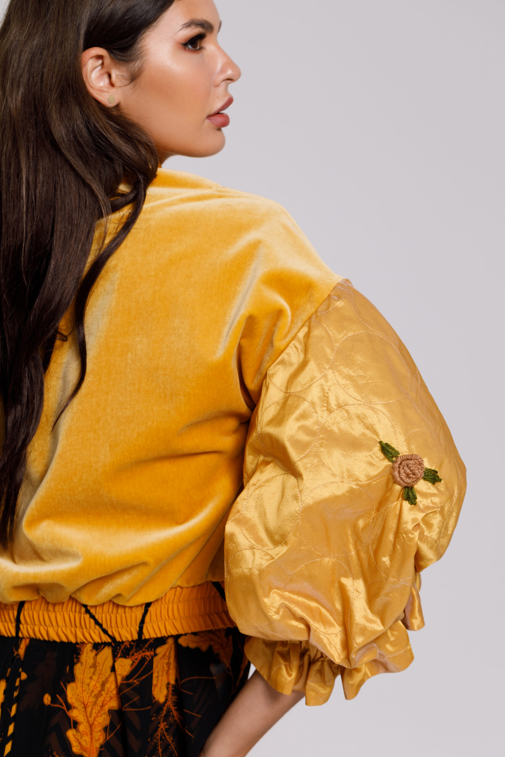 Casual TAO JACKET in yellow velvet with quilted sleeves. Natural fabrics, original design, handmade embroidery