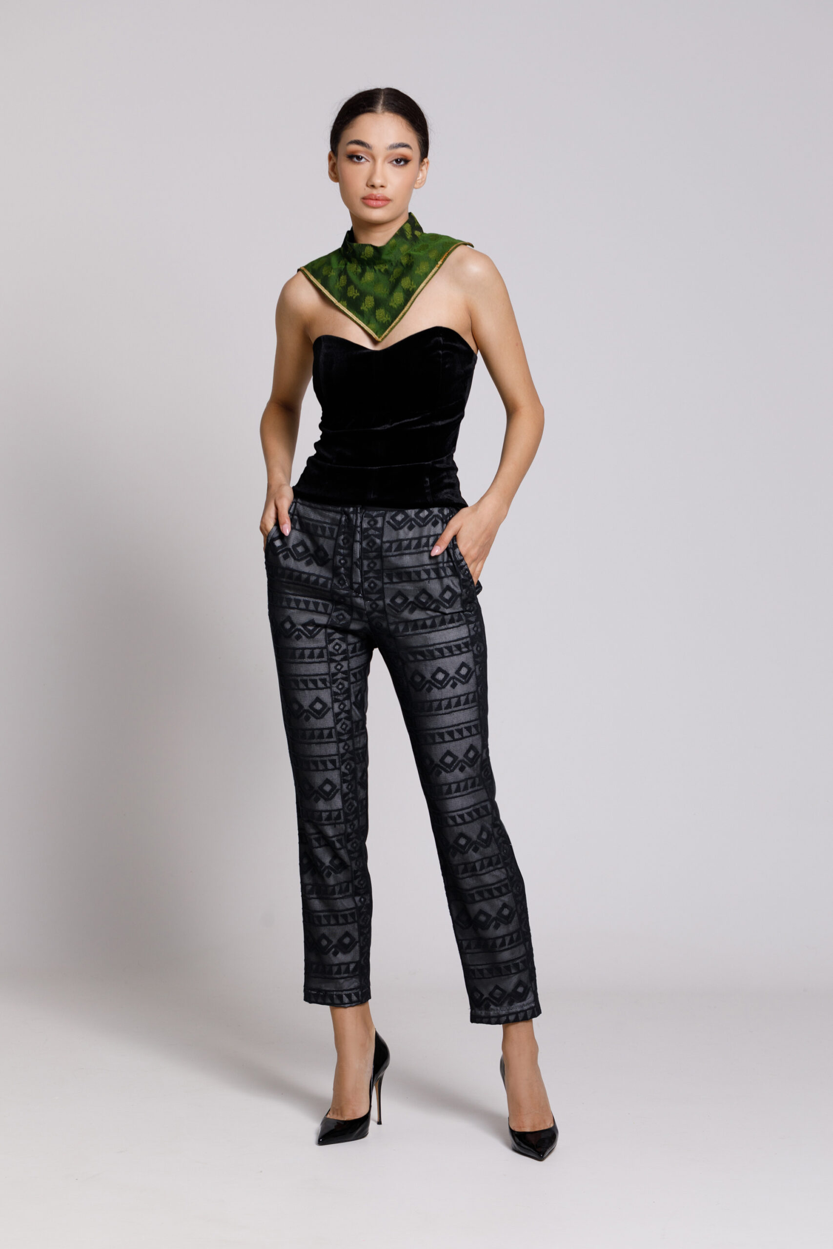 KIKO Elegant pants with black lace. Natural fabrics, original design, handmade embroidery