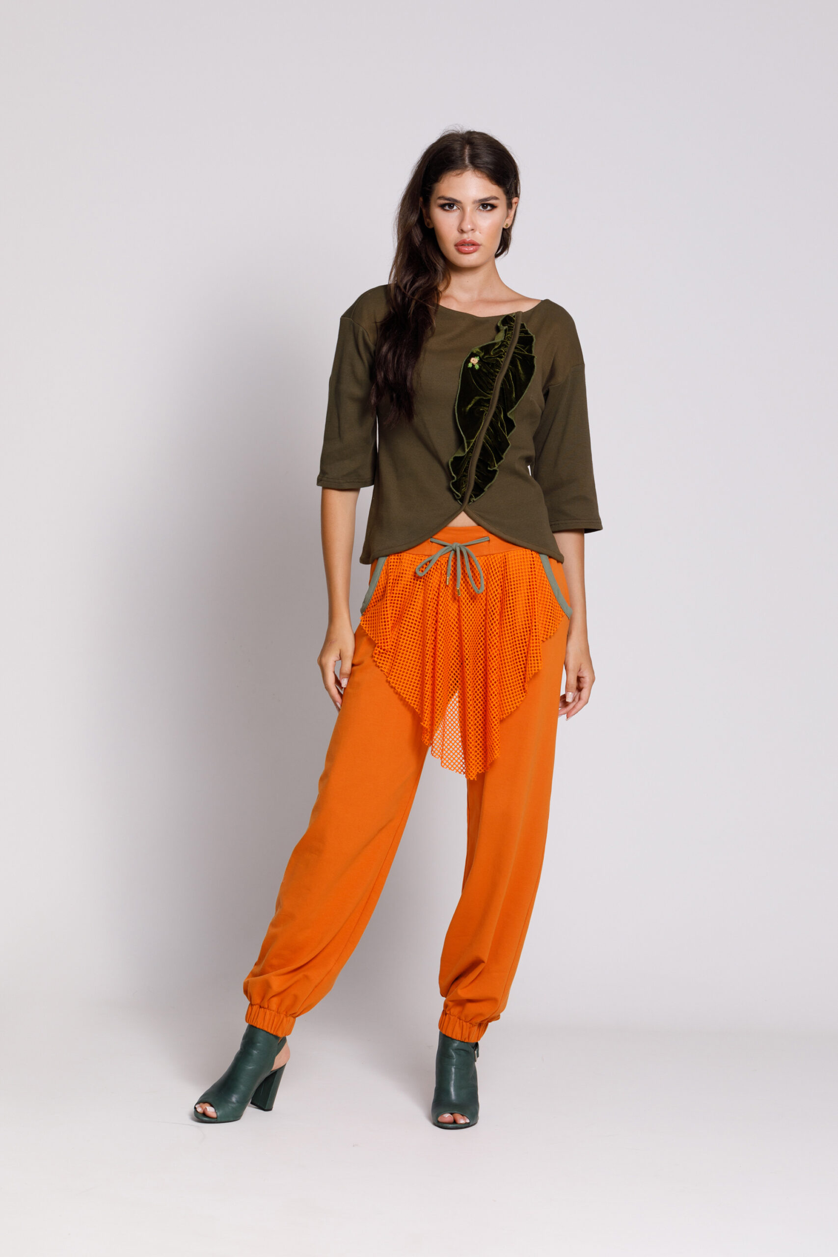 OLARIS orange plush pants with mesh lining. Natural fabrics, original design, handmade embroidery