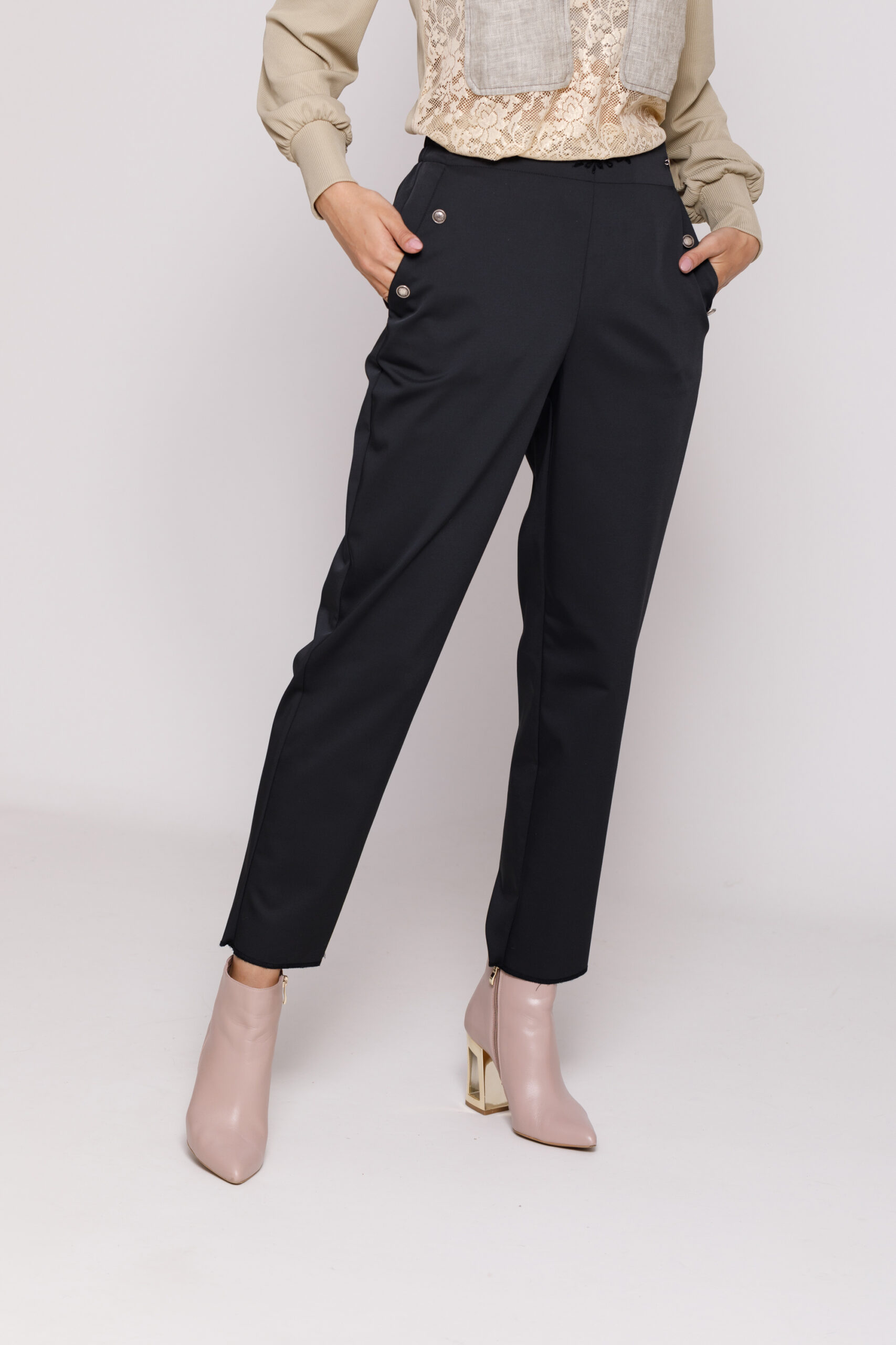 RADA Elegant black pants with buttons. Natural fabrics, original design, handmade embroidery