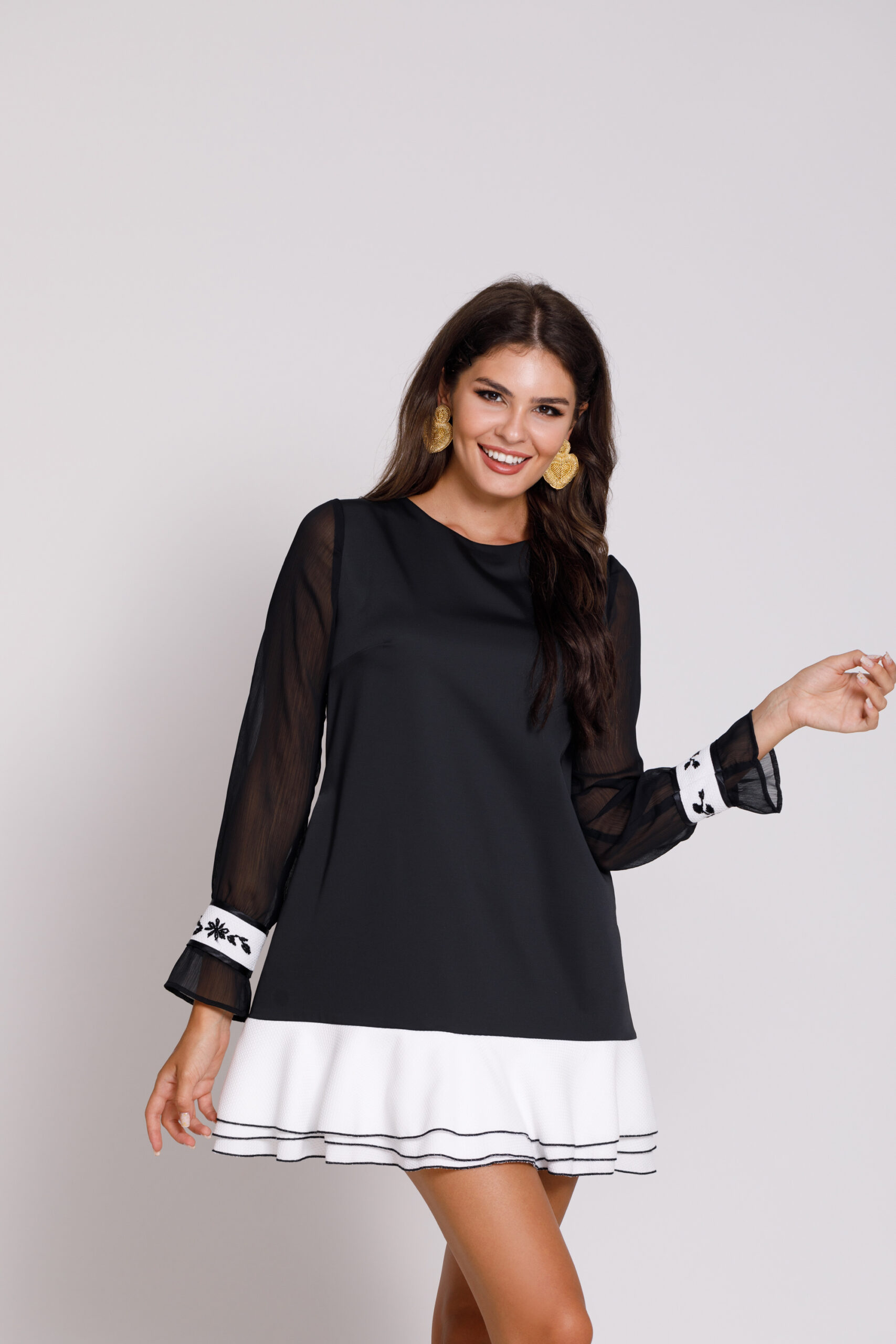 DENISE Elegant black and white dress with ruffles. Natural fabrics, original design, handmade embroidery