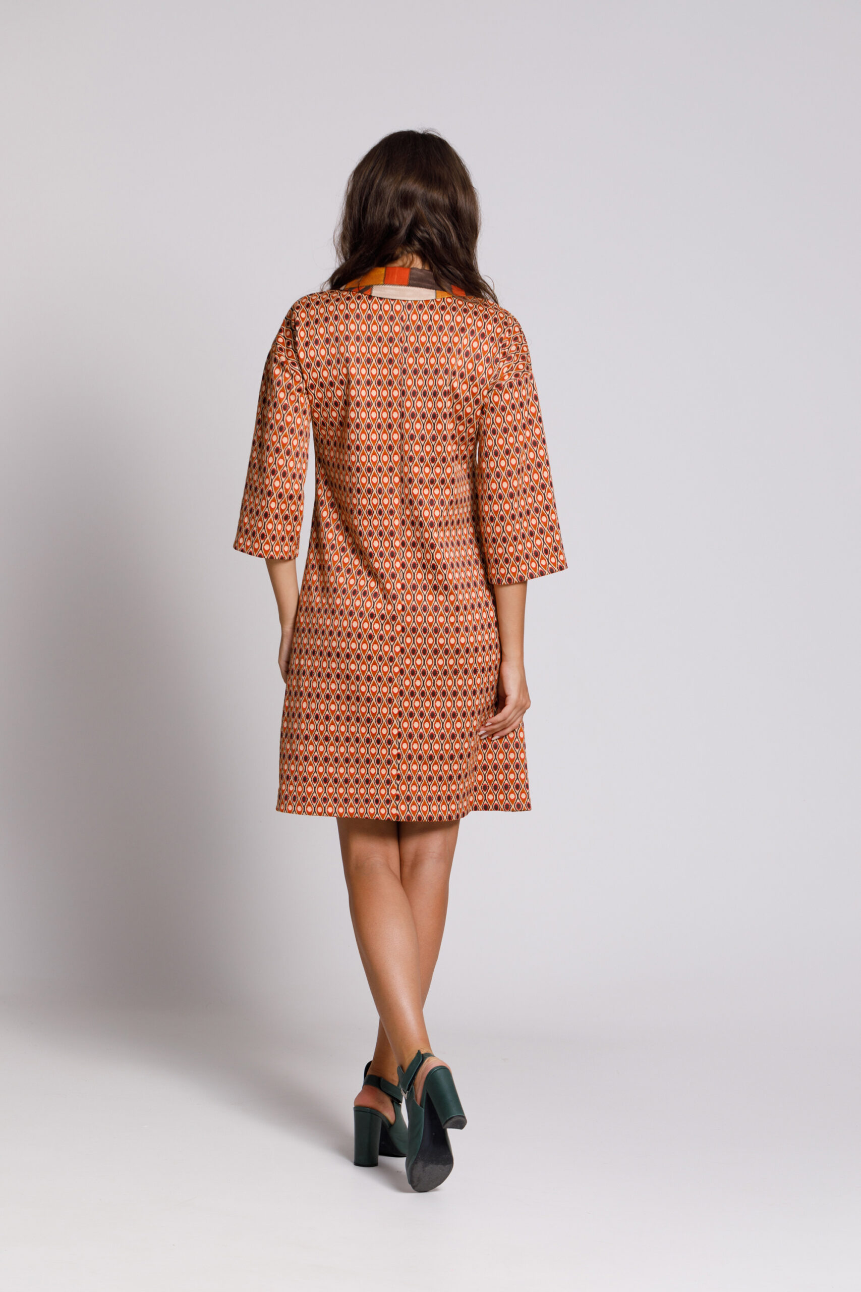 SAVA casual midi dress with geometric print. Natural fabrics, original design, handmade embroidery