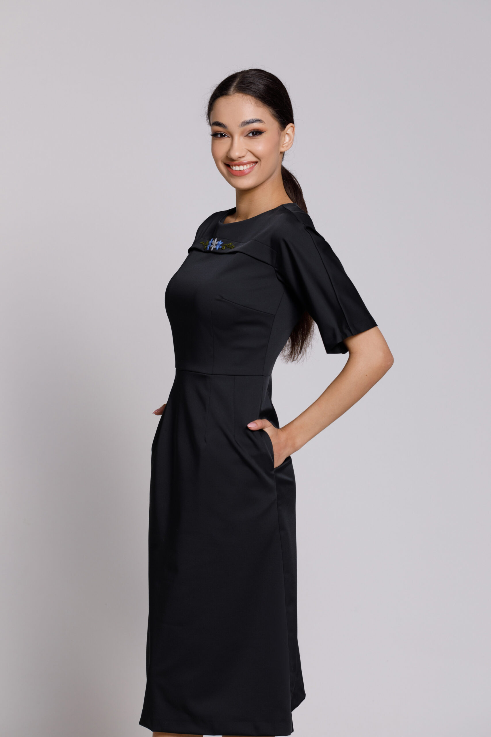 DARLA Elegant black dress with floral embroidery. Natural fabrics, original design, handmade embroidery