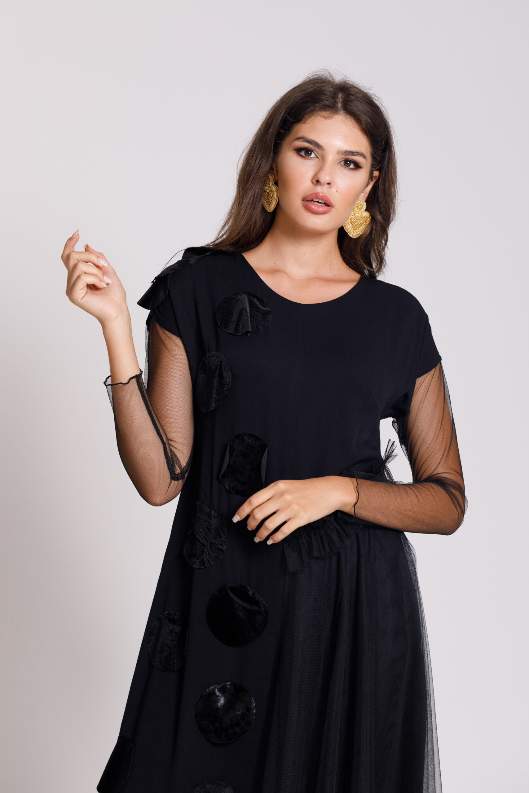 RAELLE elegant black viscose and tulle dress. Natural fabrics, original design, handmade embroidery
