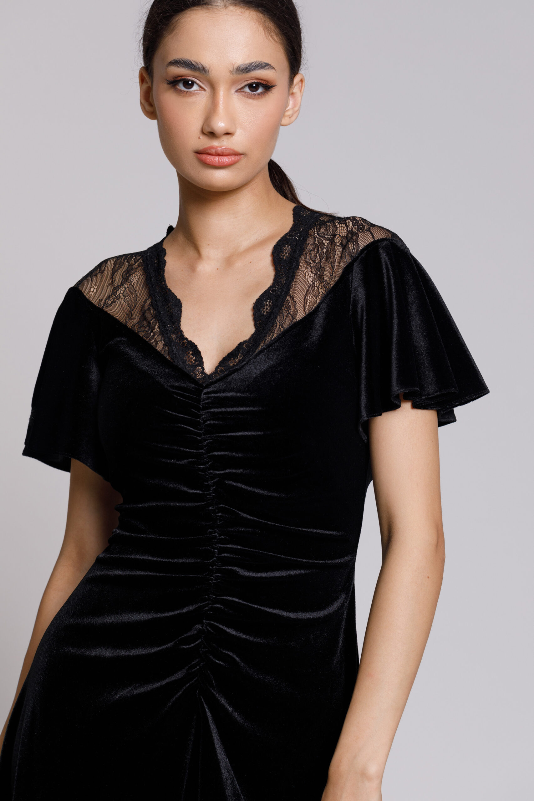 SERENY delicate black velvet and lace dress. Natural fabrics, original design, handmade embroidery