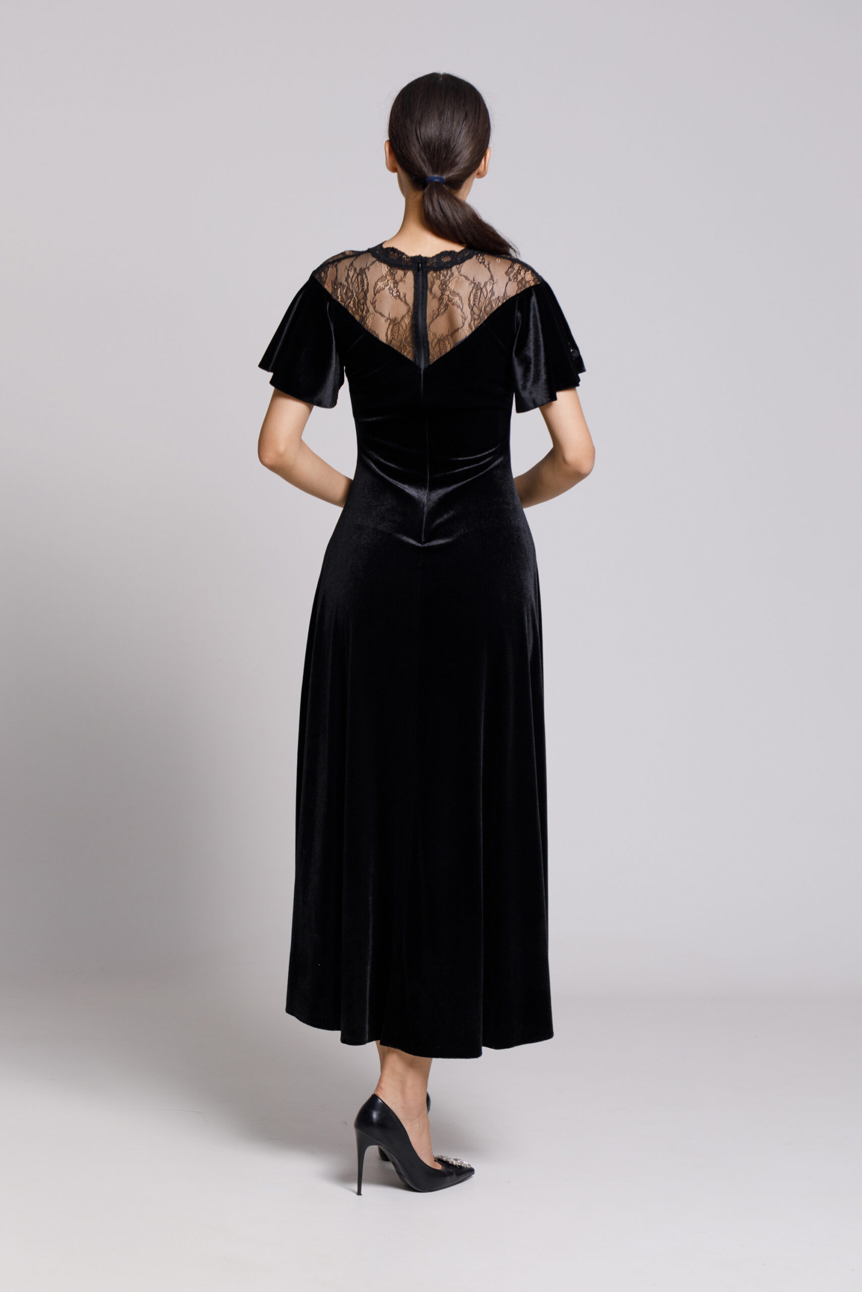 SERENY delicate black velvet and lace dress. Natural fabrics, original design, handmade embroidery