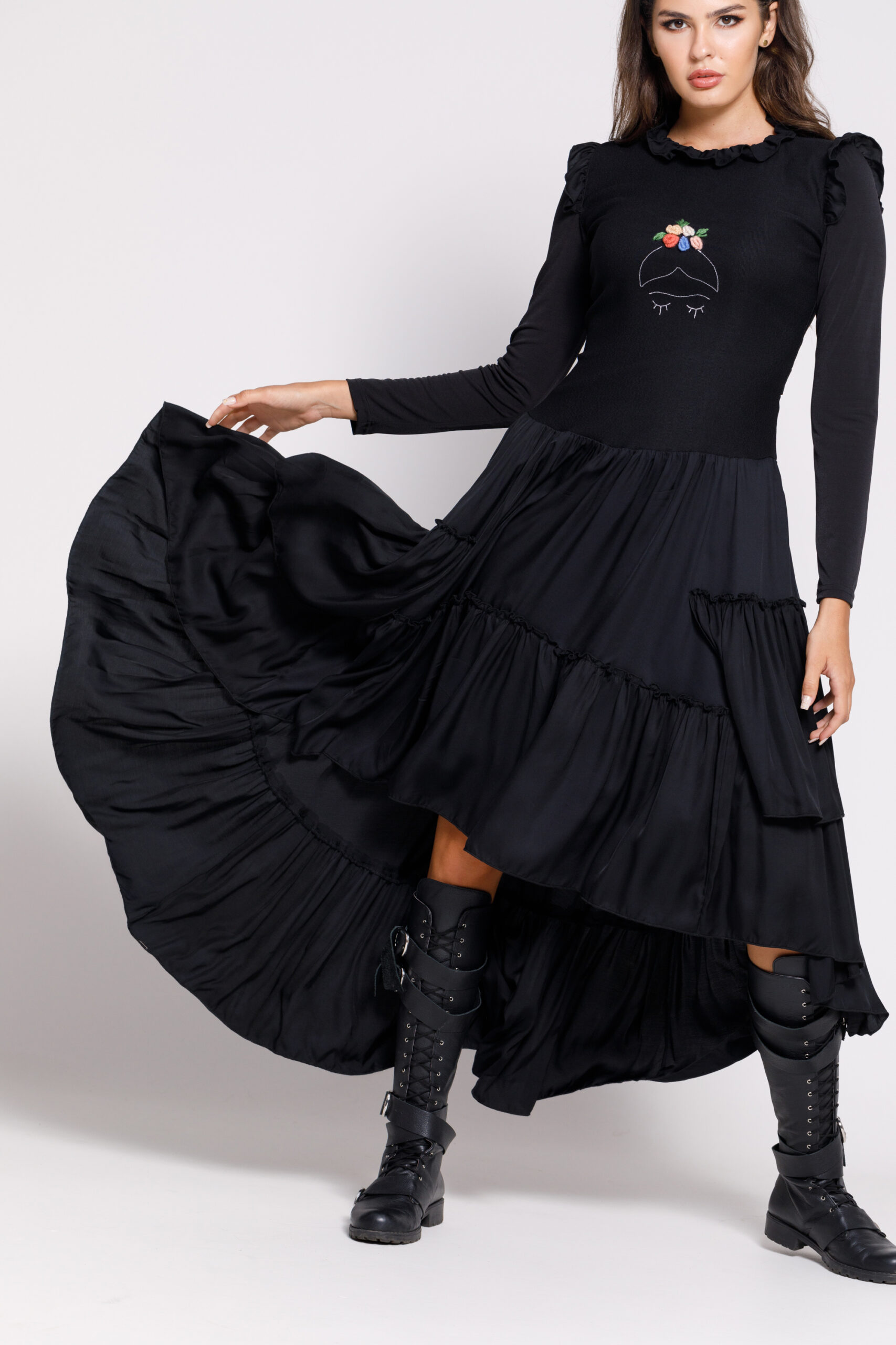 Valentino black casual dress with asymmetric length. Natural fabrics, original design, handmade embroidery