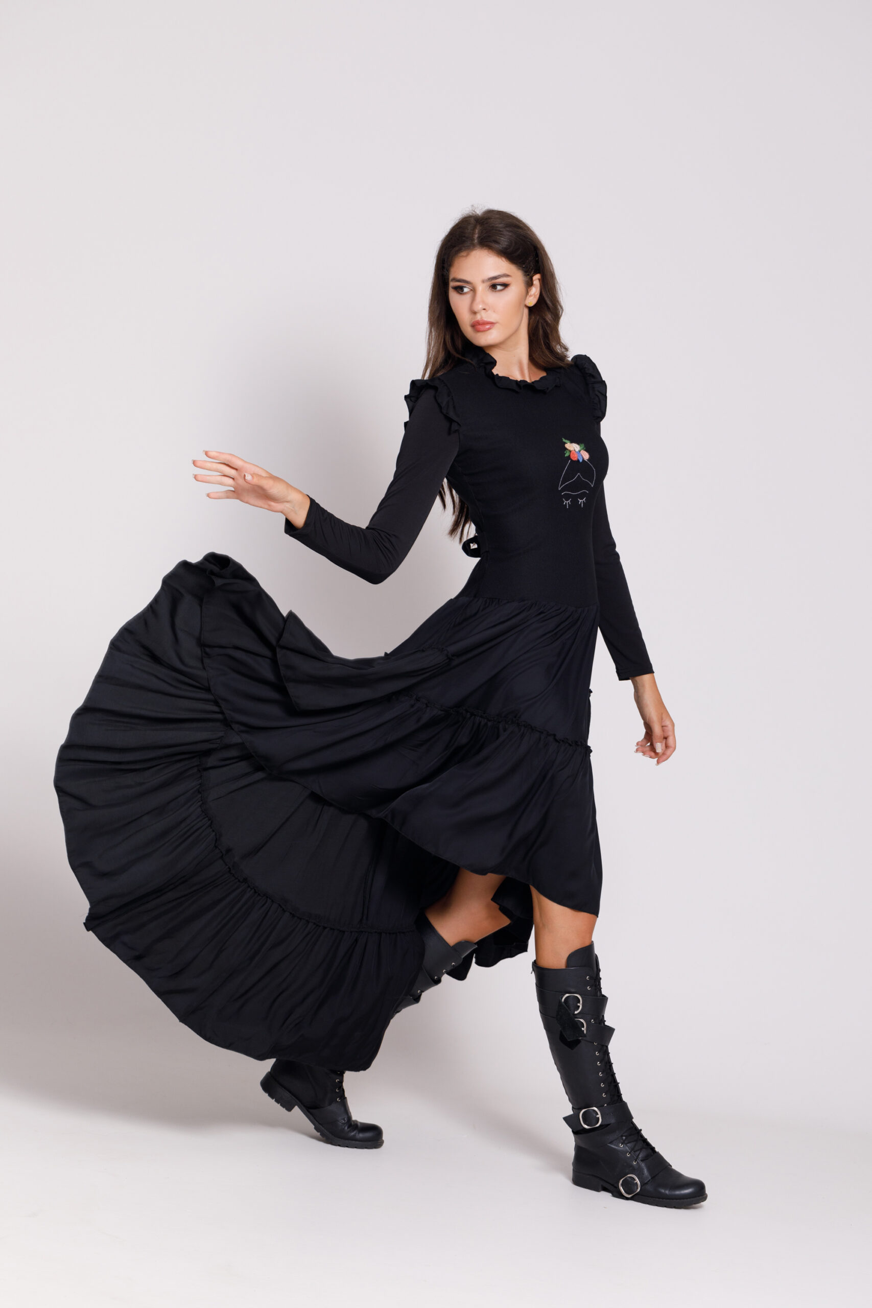 Valentino black casual dress with asymmetric length. Natural fabrics, original design, handmade embroidery