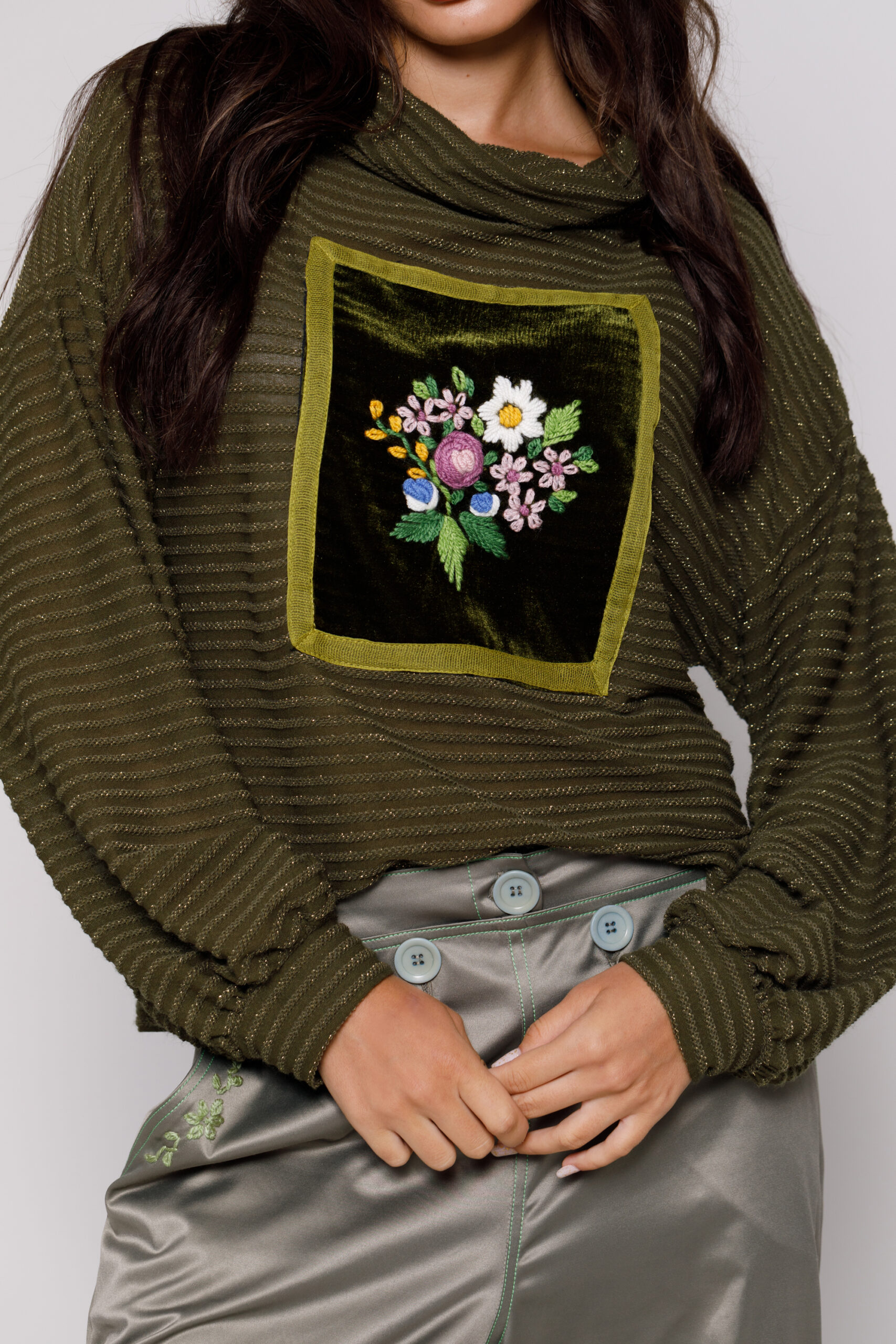 BREND casual green sweater with floral embroidery. Natural fabrics, original design, handmade embroidery