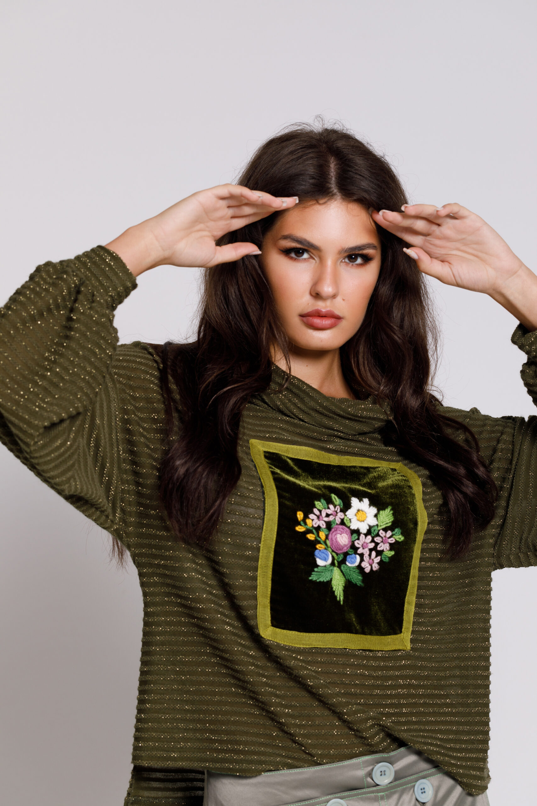 BREND casual green sweater with floral embroidery. Natural fabrics, original design, handmade embroidery