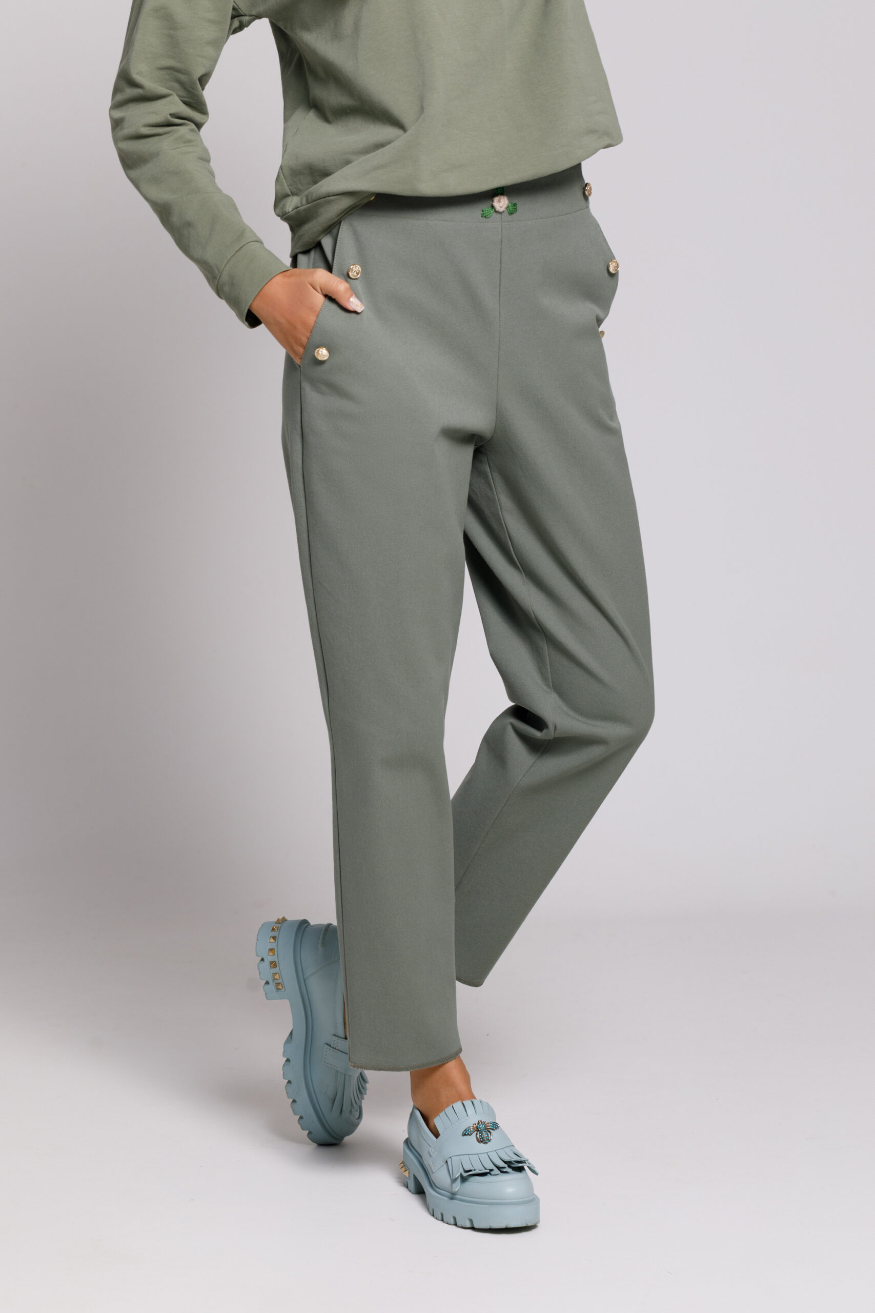 RADA casual olive pants with gold buttons. Natural fabrics, original design, handmade embroidery