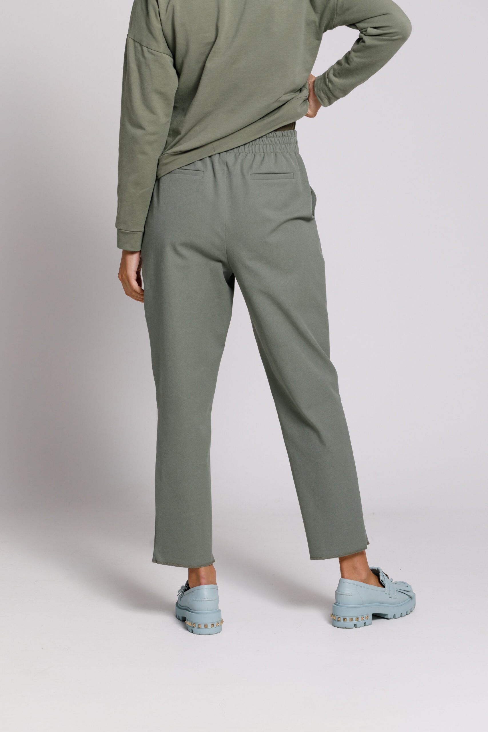 RADA casual olive pants with gold buttons. Natural fabrics, original design, handmade embroidery