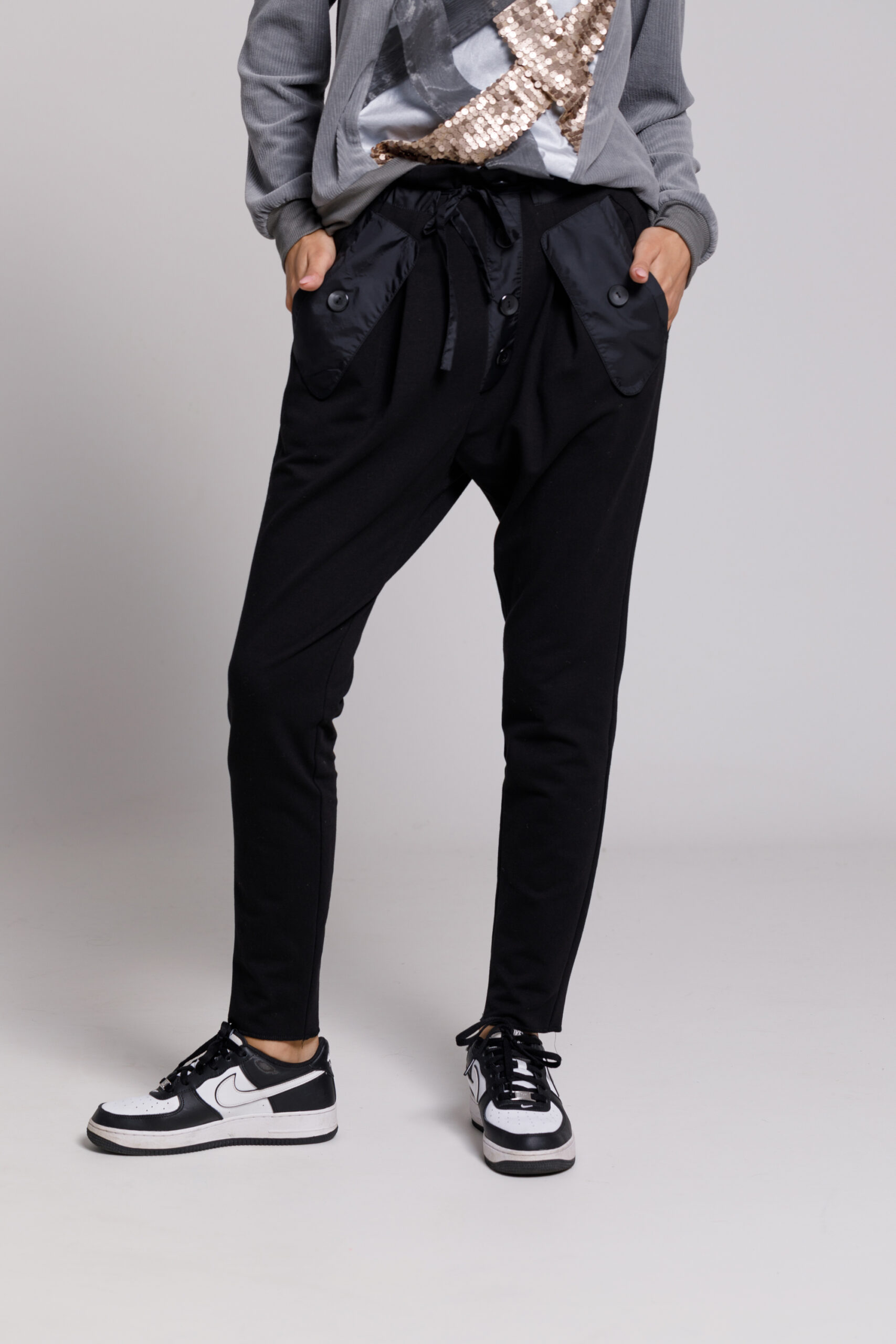 NYO casual black velvet pants with pockets and flap. Natural fabrics, original design, handmade embroidery