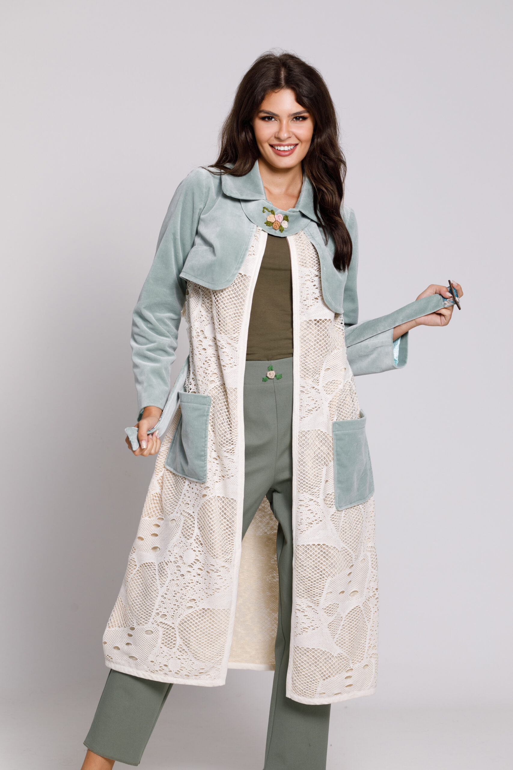 KATO casual overcoat in mint velvet and lace. Natural fabrics, original design, handmade embroidery