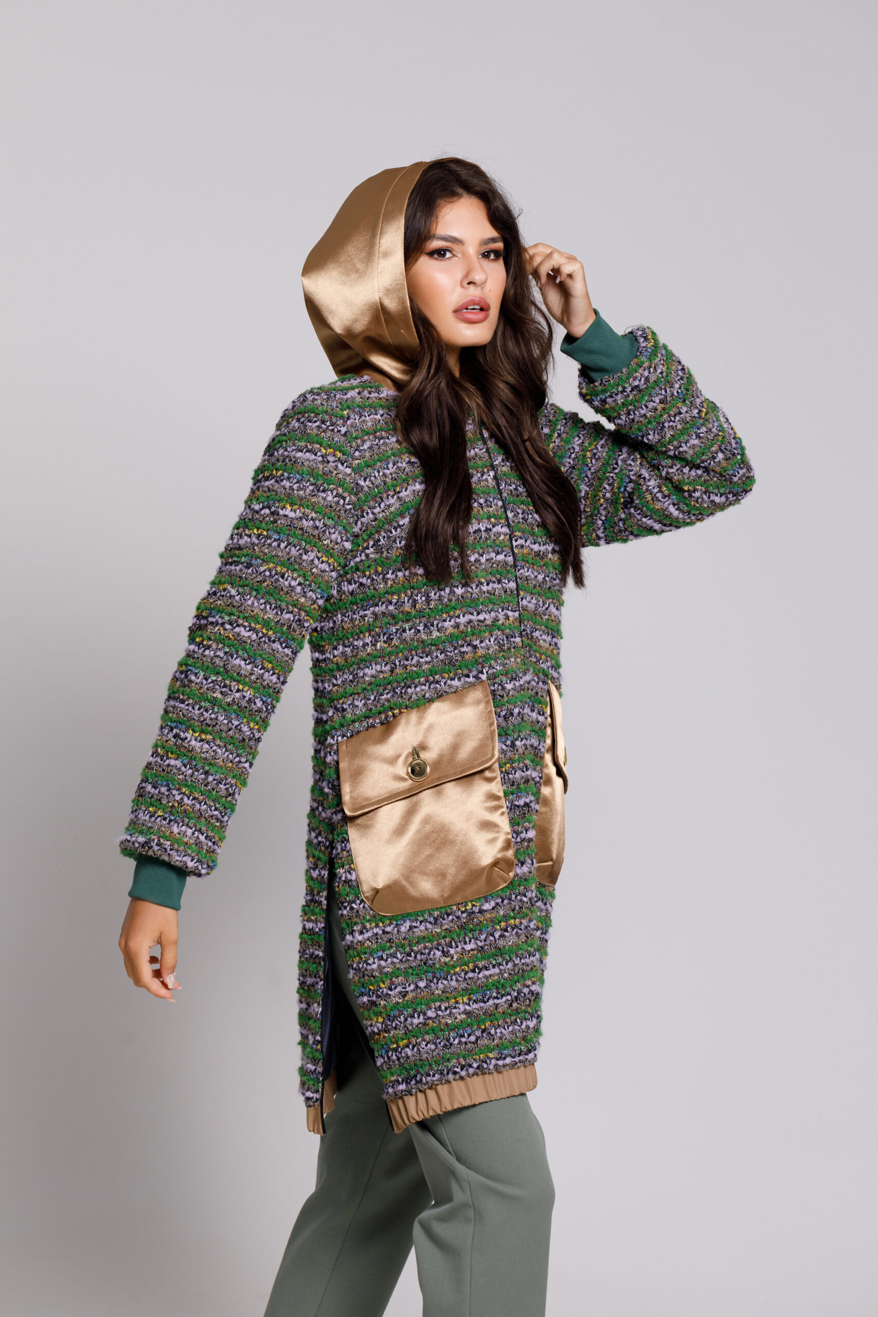 RODINA casual overcoat in multicolored knit. Natural fabrics, original design, handmade embroidery