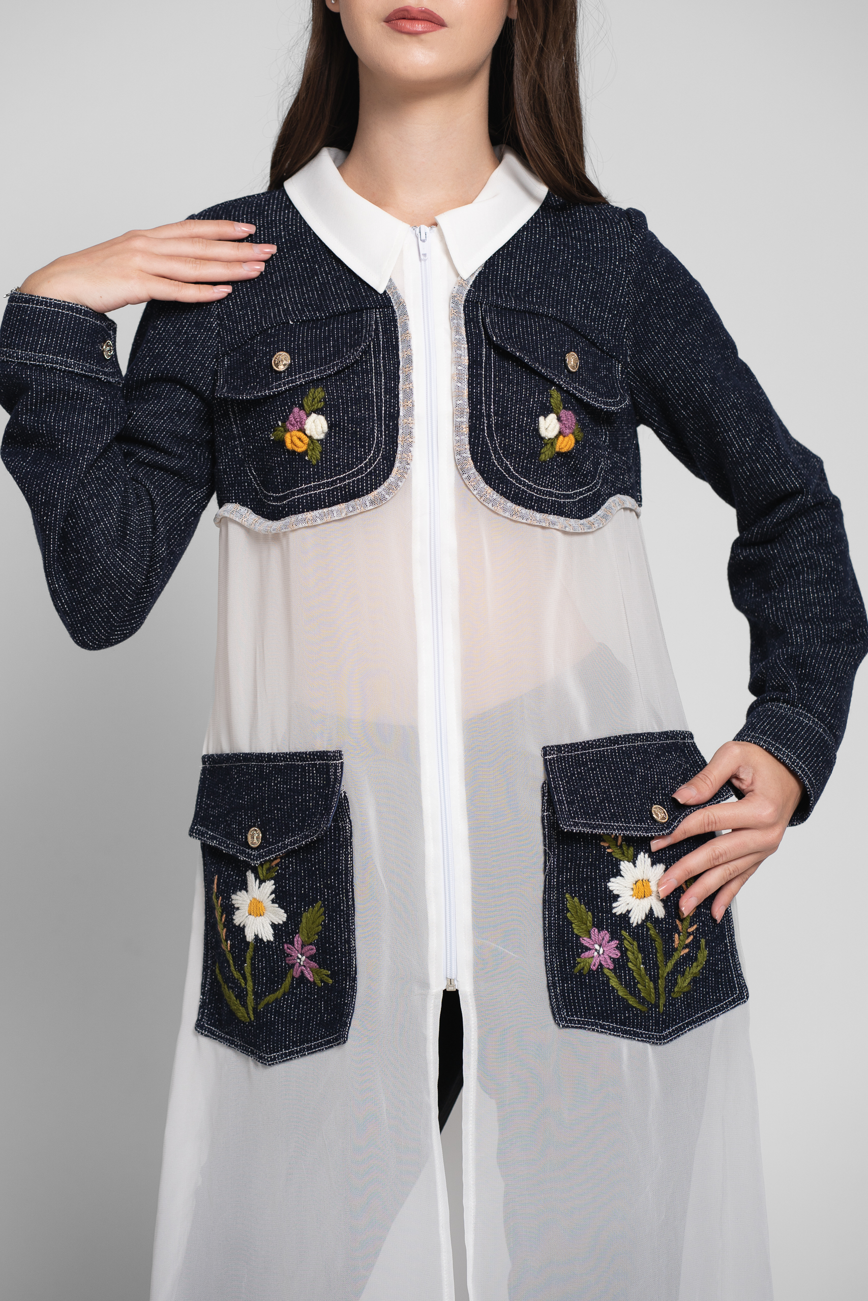 JACKET DORIS navy blue in plush and veil. Natural fabrics, original design, handmade embroidery