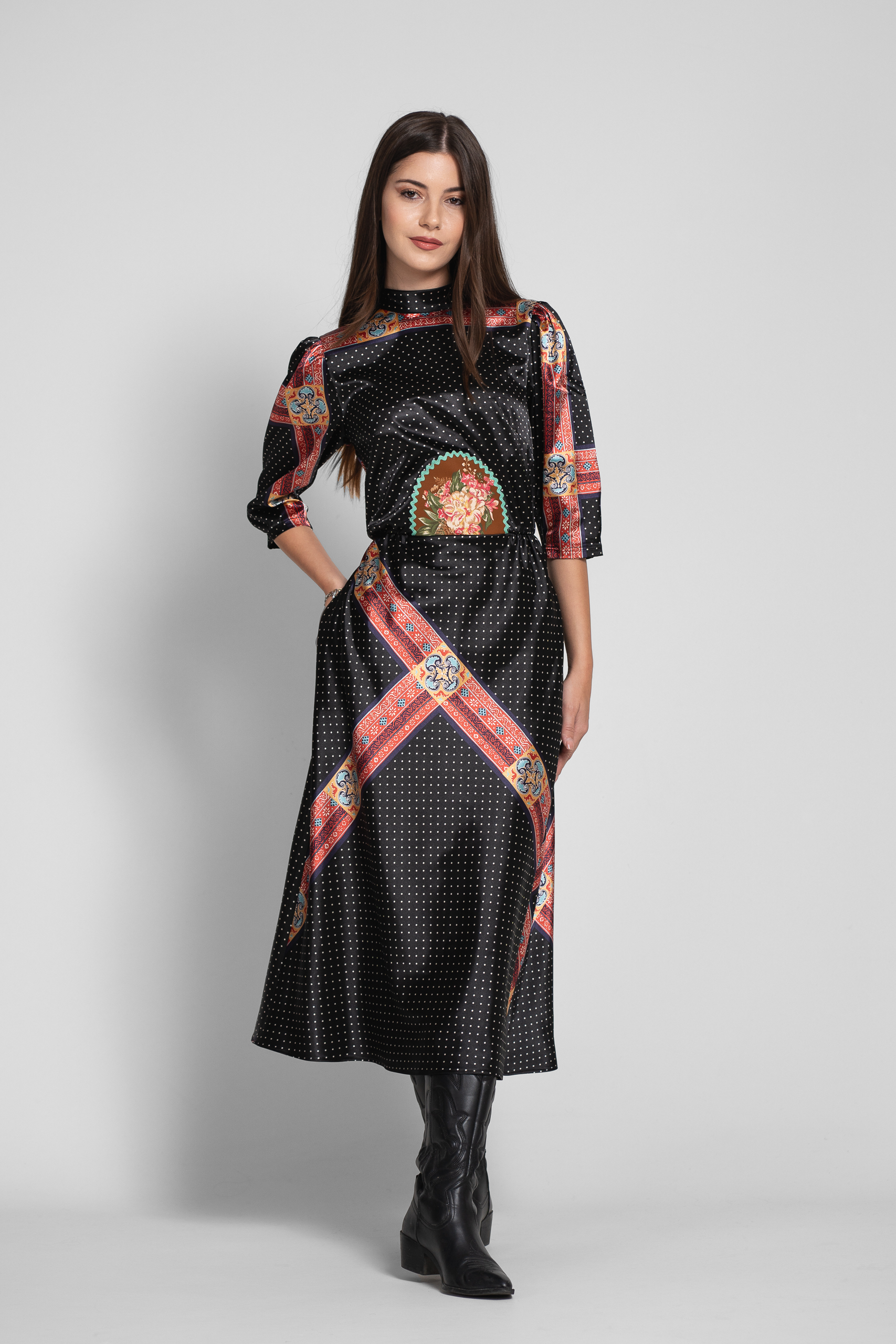 LORENE elegant satin dress. Natural fabrics, original design, handmade embroidery