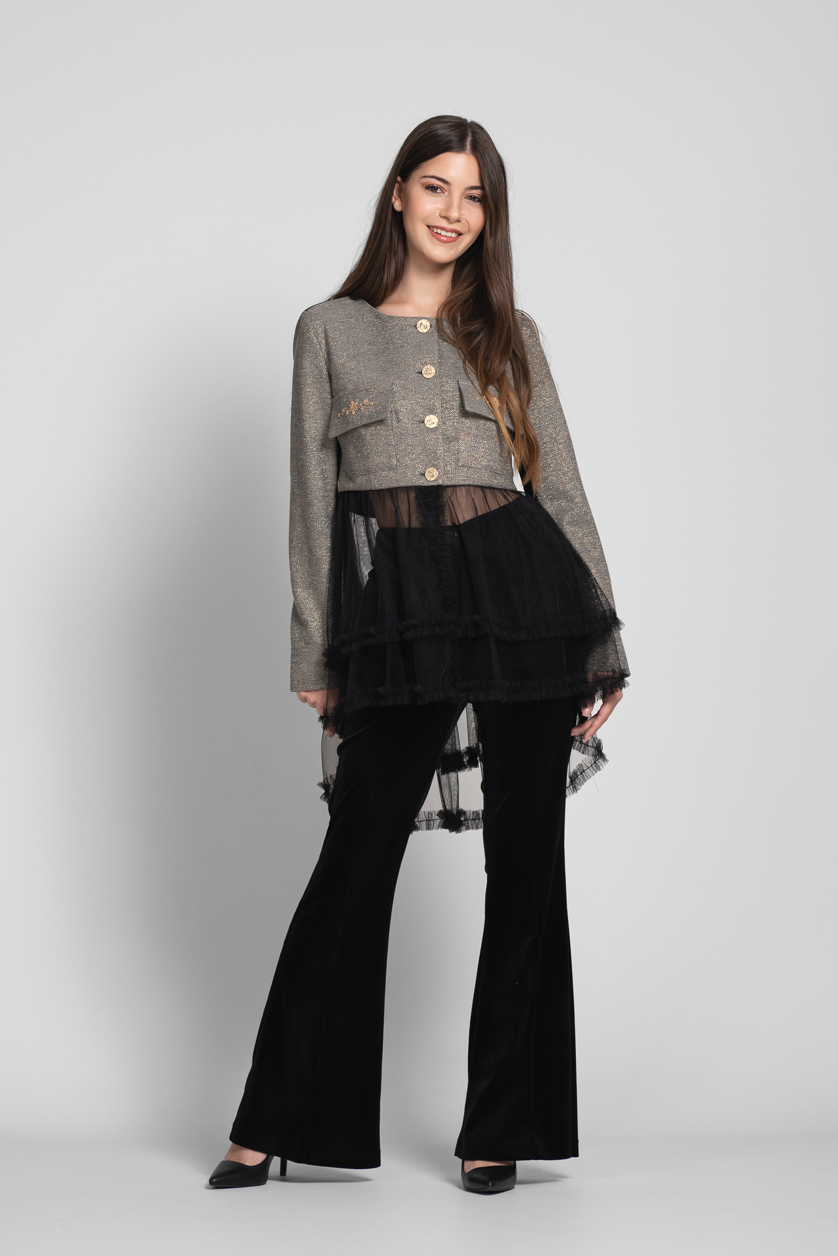 PERRY statement jacket in fabric with black tulle tail. Natural fabrics, original design, handmade embroidery