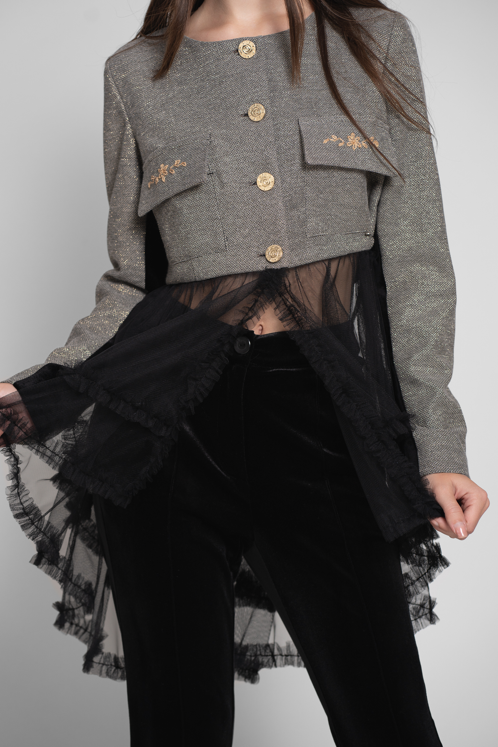 PERRY statement jacket in fabric with black tulle tail. Natural fabrics, original design, handmade embroidery