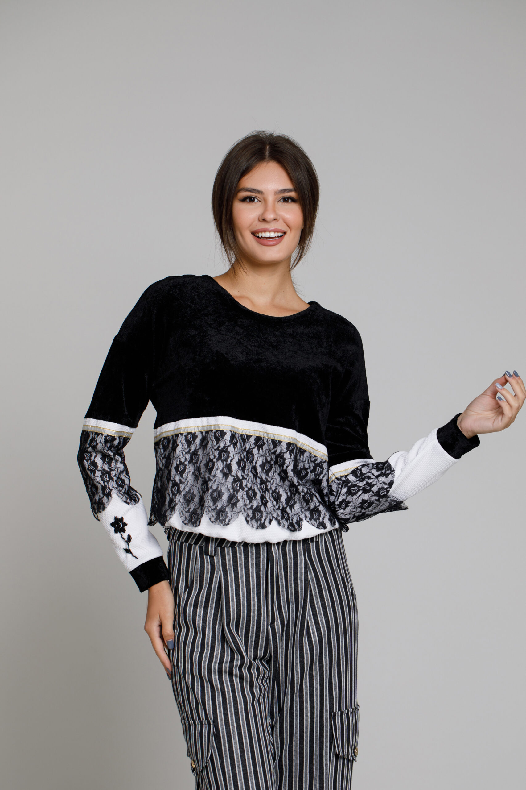 NINOR black velvet blouse with lace. Natural fabrics, original design, handmade embroidery