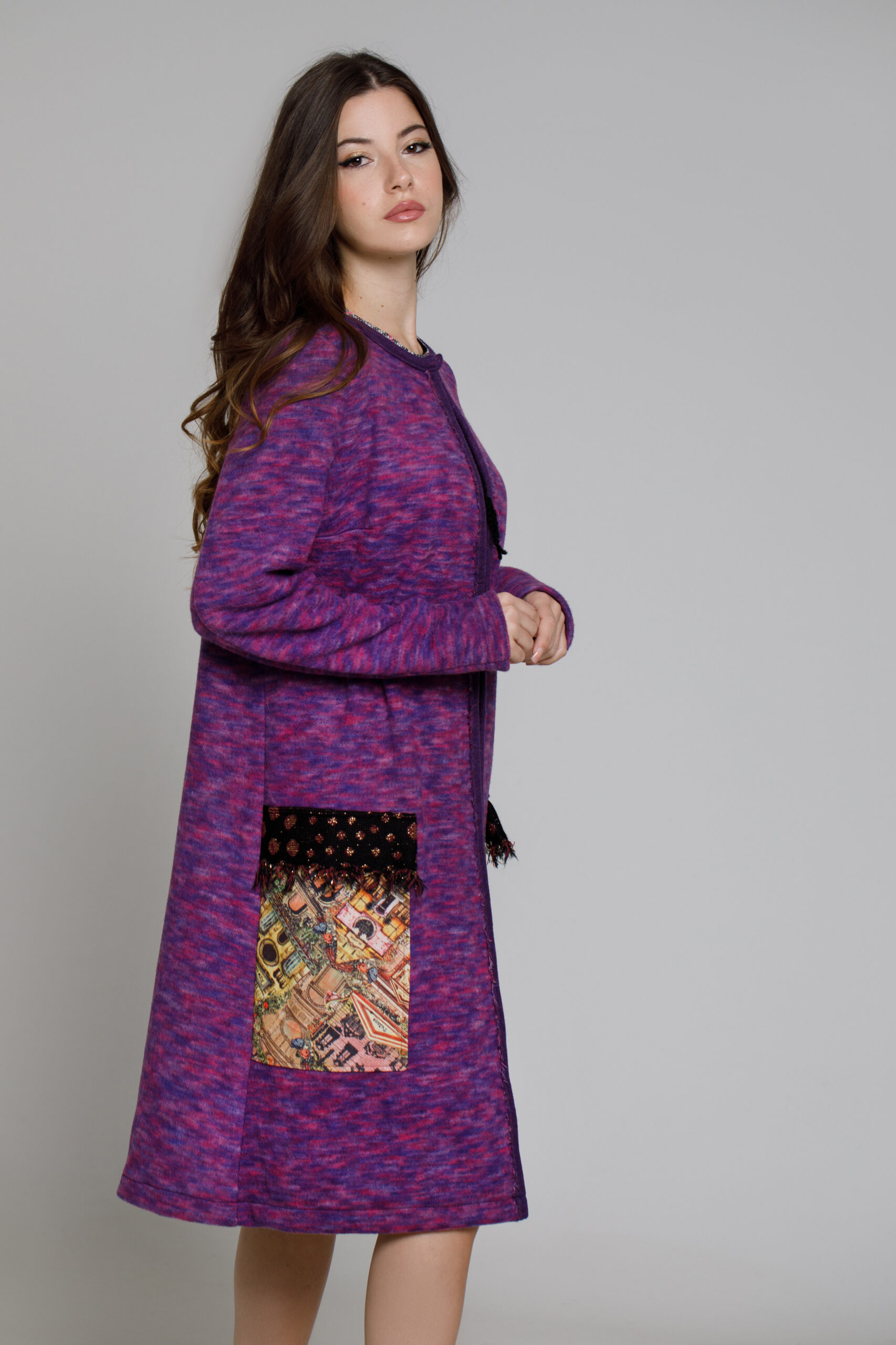 KAREN Purple cardigan with pockets. Natural fabrics, original design, handmade embroidery
