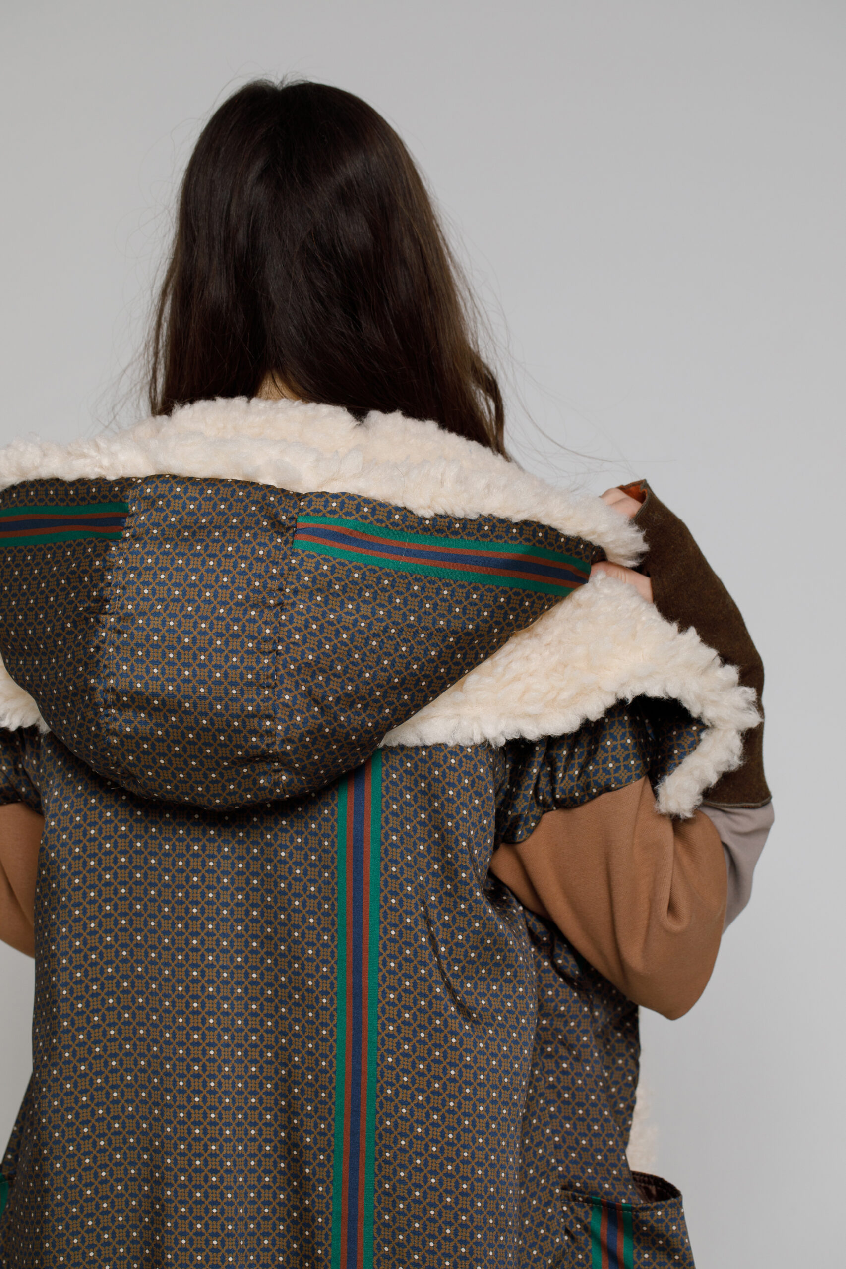 DOMA 23 satin OVERCOAT with fur. Natural fabrics, original design, handmade embroidery