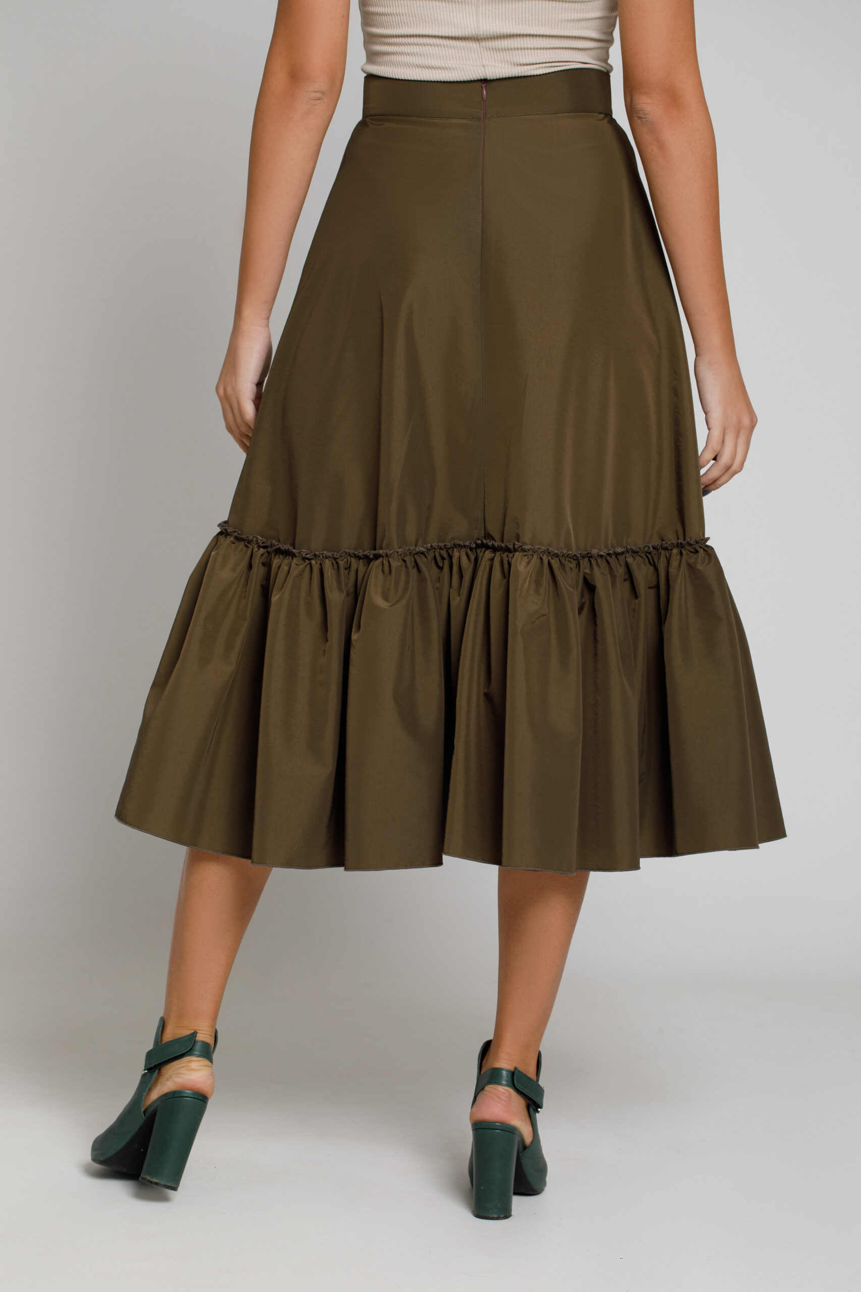 HAZEL skirt in khaki fabric with ruffles. Natural fabrics, original design, handmade embroidery