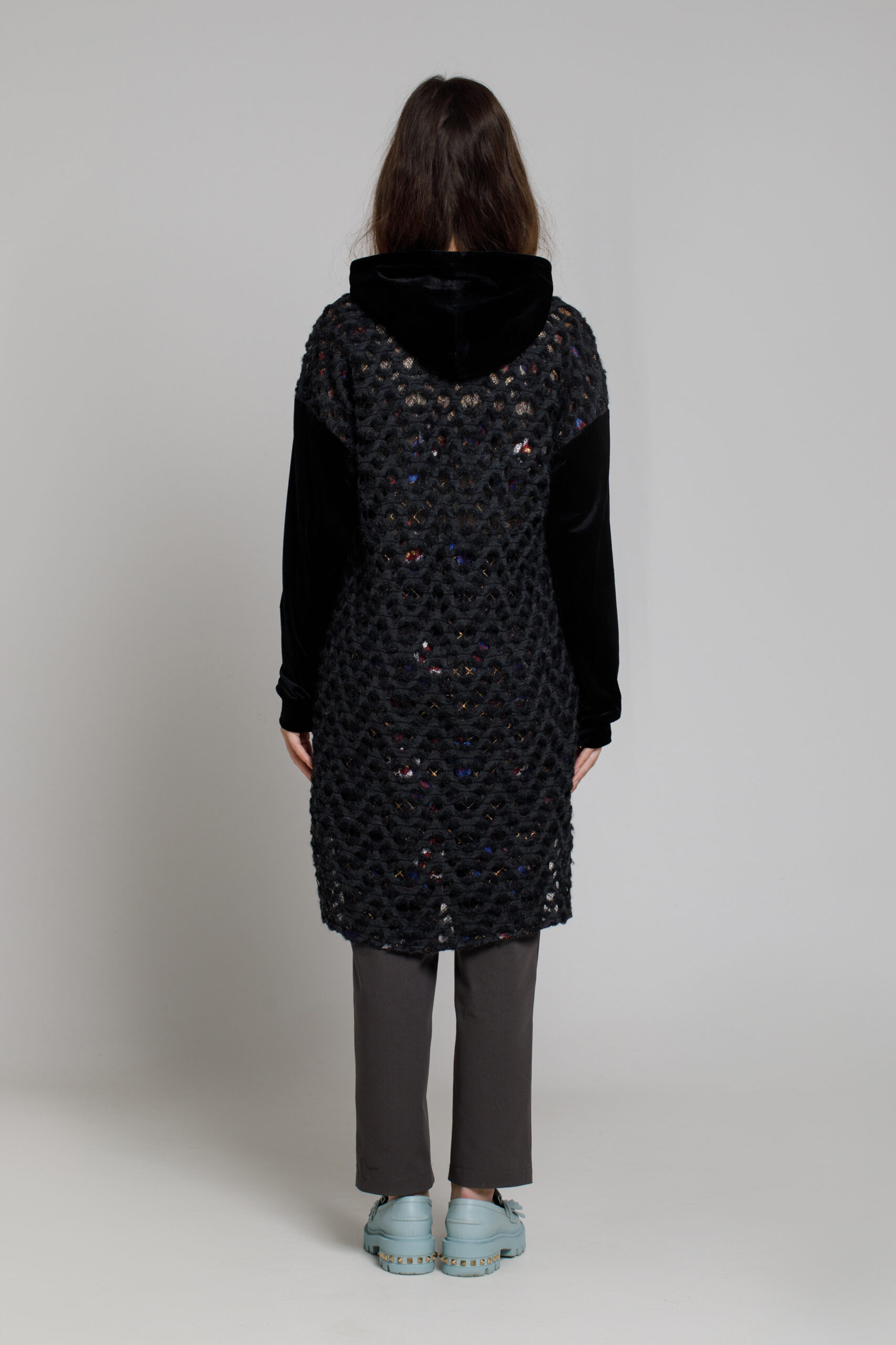 ALARY sweatshirt made of black velvet and knit. Natural fabrics, original design, handmade embroidery