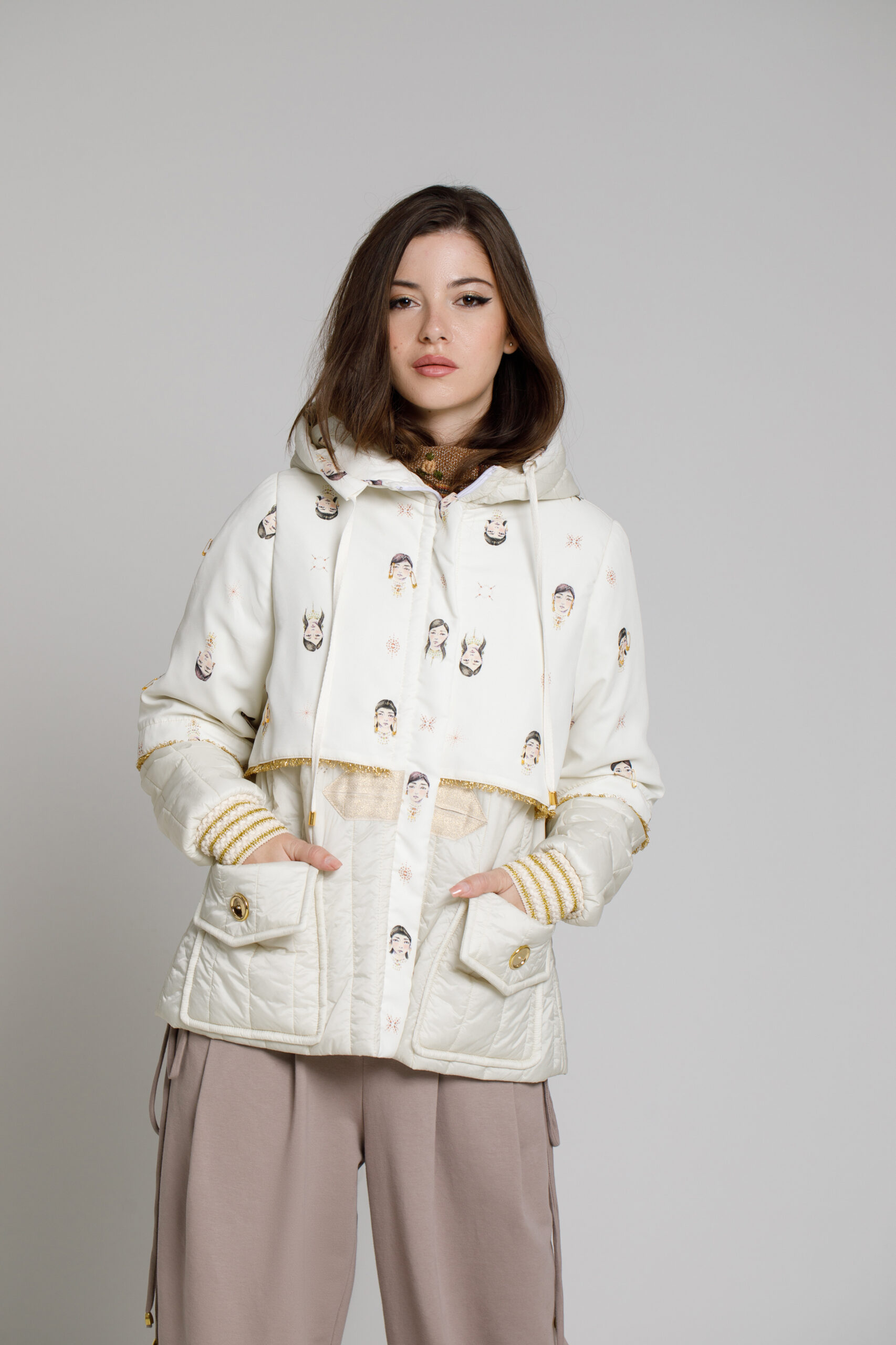 GALATEA cream quilted jacket. Natural fabrics, original design, handmade embroidery