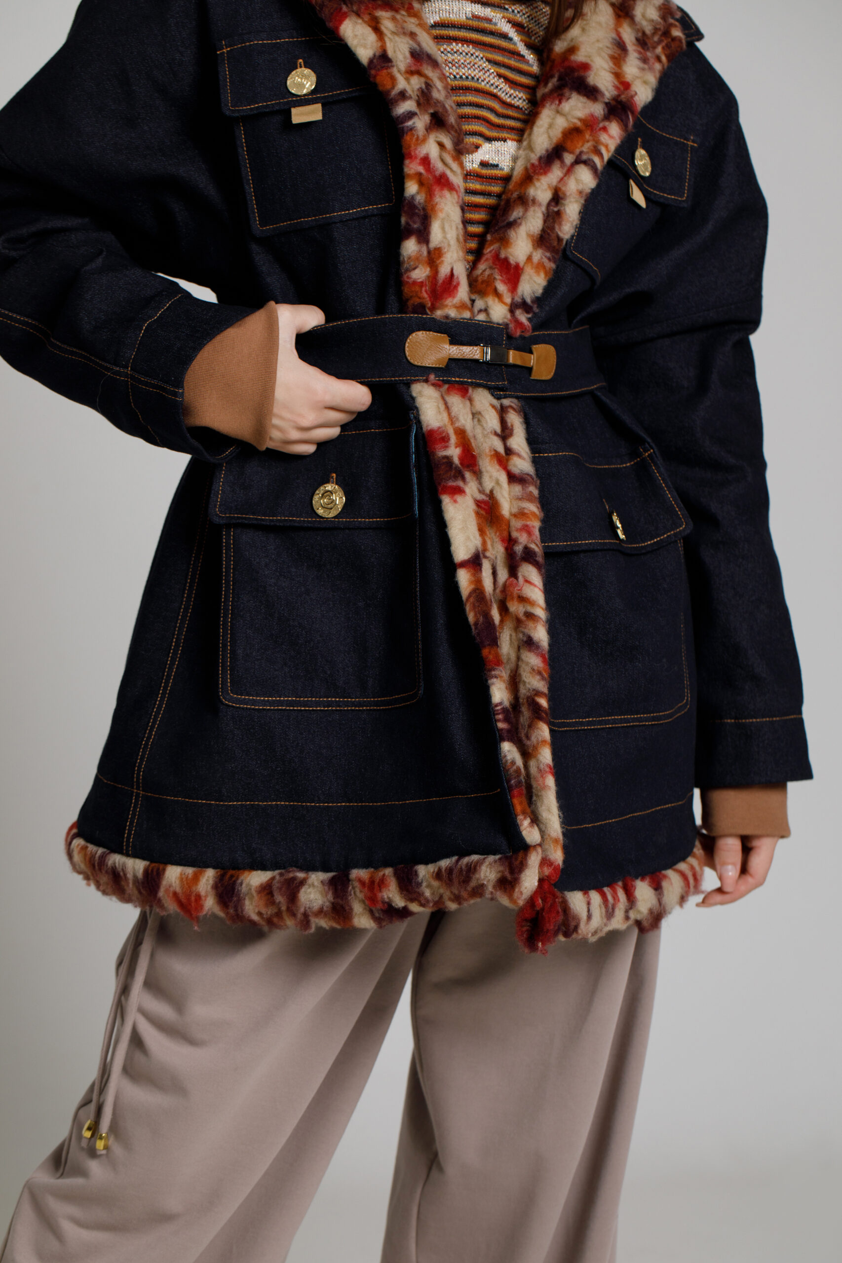 HEDONA jacket in navy blue denim with brick fur. Natural fabrics, original design, handmade embroidery